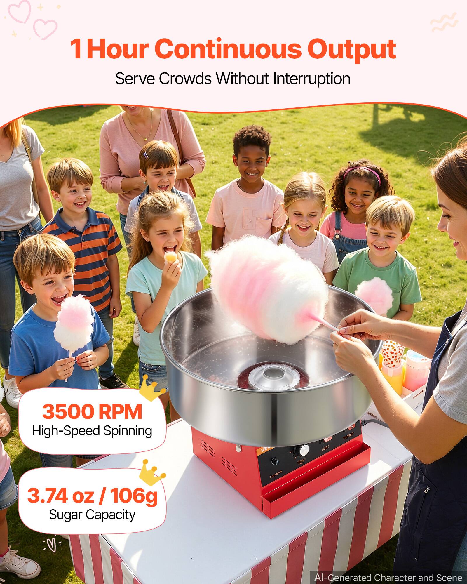 1 Hour Continuous Output  
Serve Crowds Without Interruption

3500 RPM High-Speed Spinning

3.74 oz / 106g Sugar Capacity

AI-Generated Character and Scene