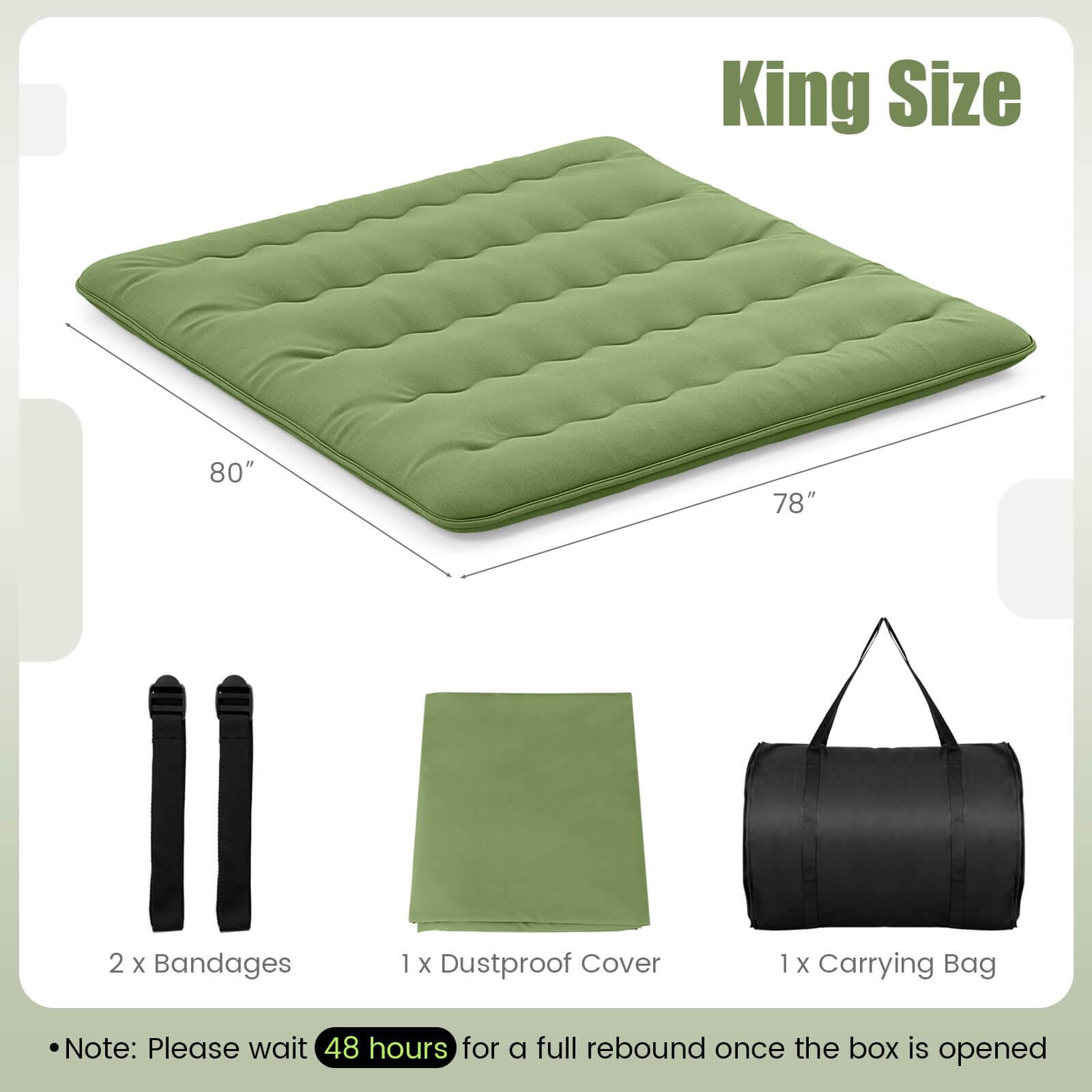 King Size  
80" x 78"  

- 2 x Bandages  
- 1 x Dustproof Cover  
- 1 x Carrying Bag  

Note: Please wait 48 hours for a full rebound once the box is opened