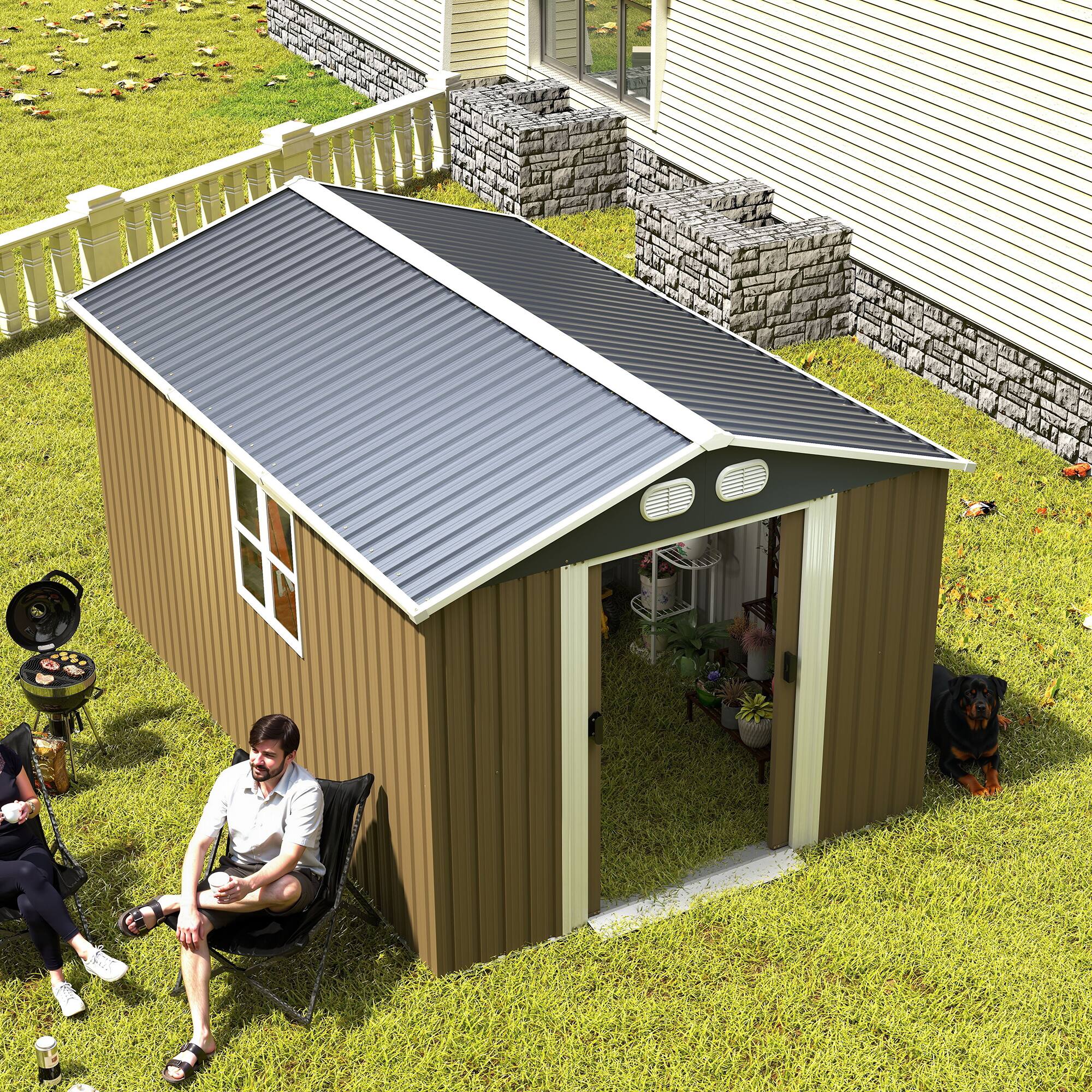 Left. Anysun - 8x12ft Metal Storage Shed with Lockable Door & Ventilation, Heavy-Duty Outdoor Garden Tool Shed for Backyard or Lawn - Brown.