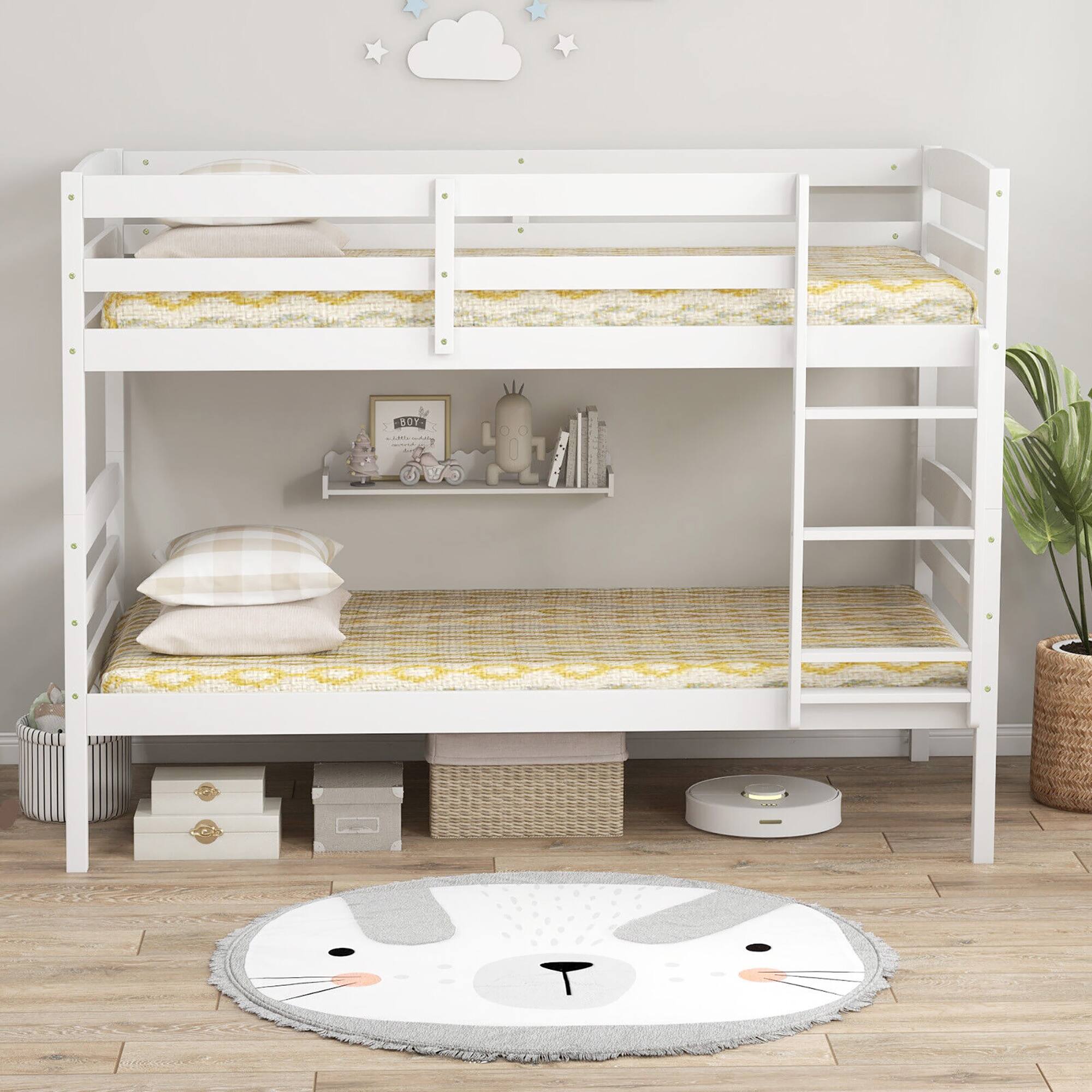 Alt View 4. Gymax - Gymax Twin Over Twin Bunk Bed Wooden Convertible Into 2 Beds High Guardrails White - White.