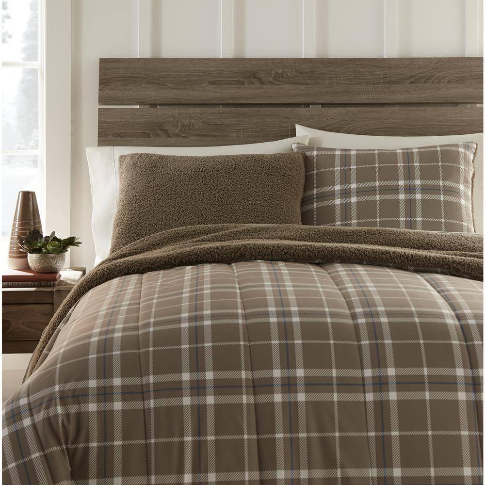 Alt View 1. Shavel Home Products - Micro Flannel Reverse to Sherpa Comforter Set, Twin, Carlton Plaid Bark - Carlton plaid bark.