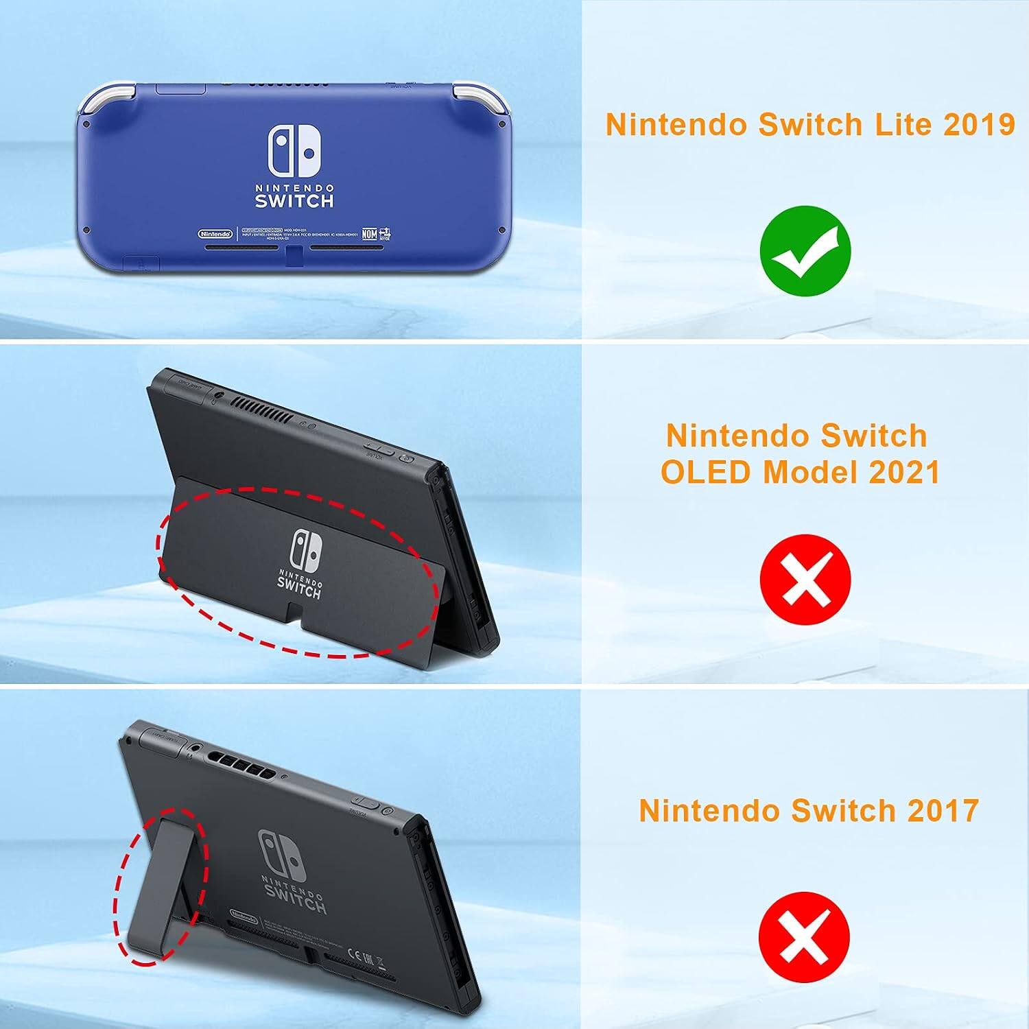 Nintendo Switch Lite 2019  
Nintendo Switch OLED Model 2021  
Nintendo Switch 2017