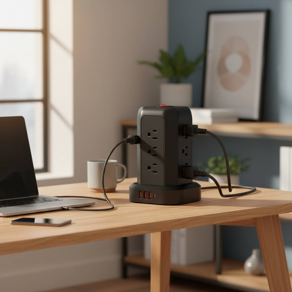 Alt View 1. Dazzed Corner - Tower Power Strip with USB Ports, Surge Protector, Flat Plug, Night Light - Black.