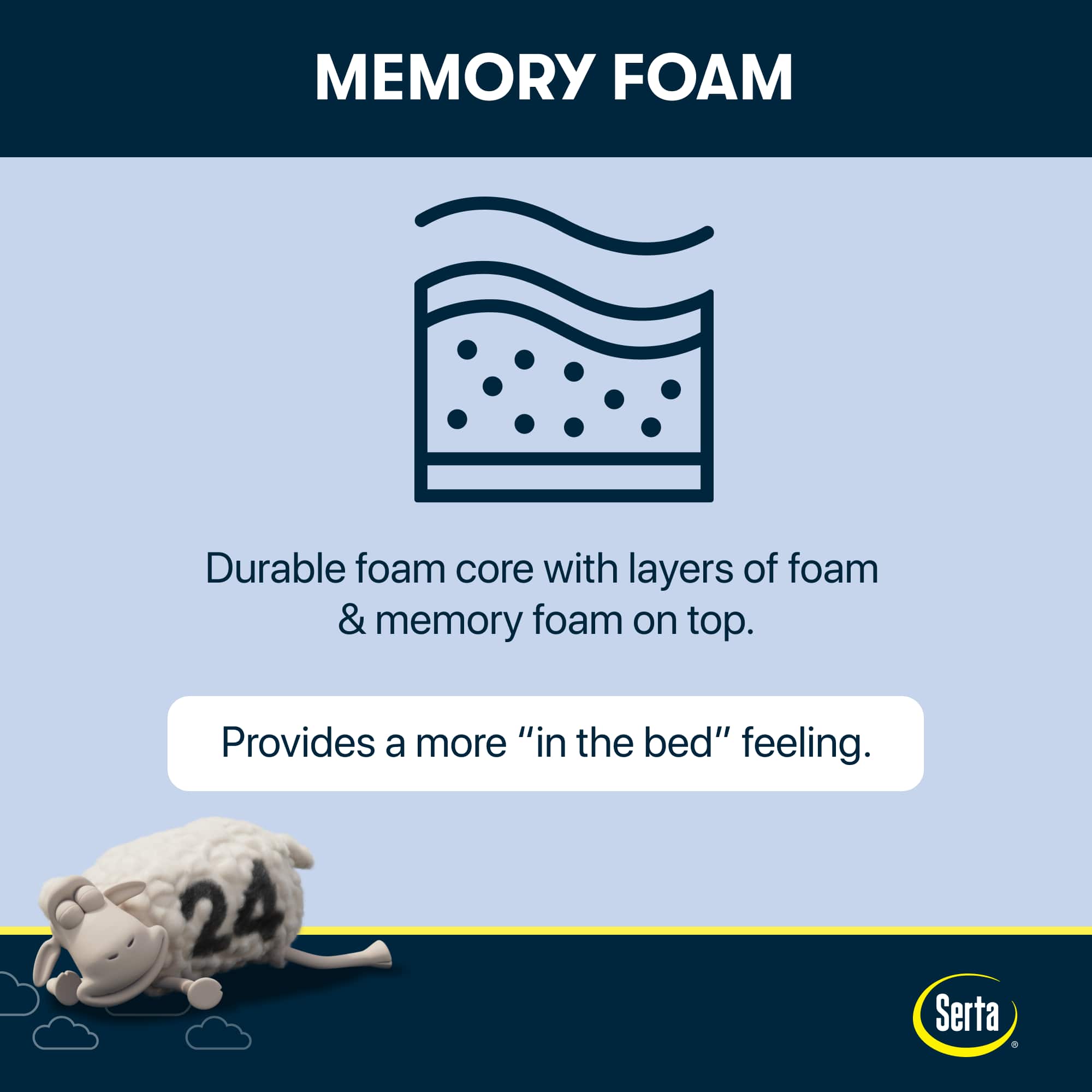 Memory Foam: Durable foam core with layers of foam and memory foam on top. Provides a more "in the bed" feeling. 24 Serta.