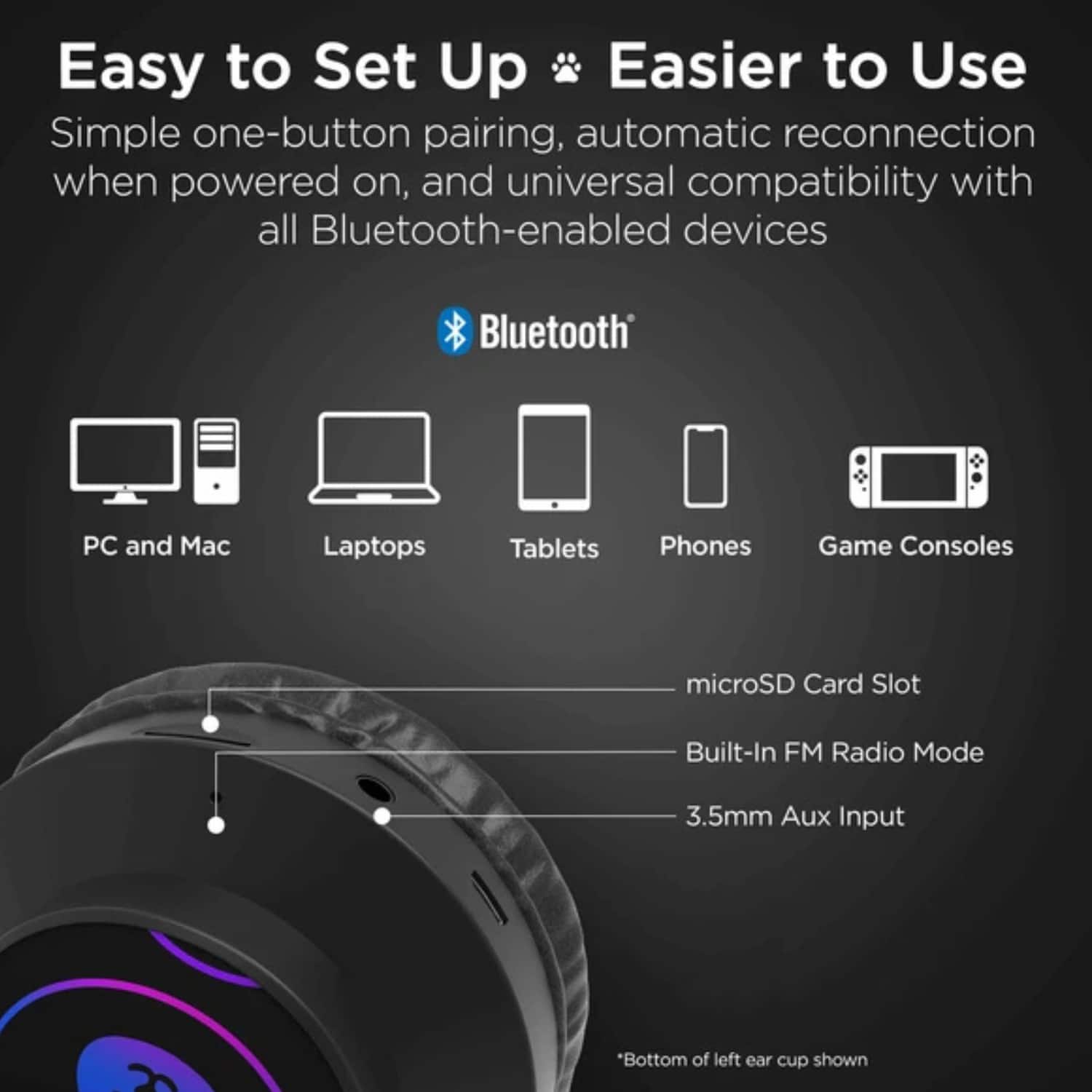 Easy to Set Up  
Easier to Use  
Simple one-button pairing, automatic reconnection when powered on, and universal compatibility with all Bluetooth-enabled devices  
Bluetooth  
PC and Mac  
Laptops  
Tablets  
Phones  
Game Consoles  
microSD Card Slot  
Built-In FM Radio Mode  
3.5mm Aux Input  
*Bottom of left ear cup shown