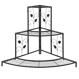 Costway - 3 Tier Floral Corner Plant Stand Metal Flower Pot Rack Stair Display Ladder - Black