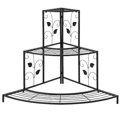 Front. Costway - 3 Tier Floral Corner Plant Stand Metal Flower Pot Rack Stair Display Ladder - Black.