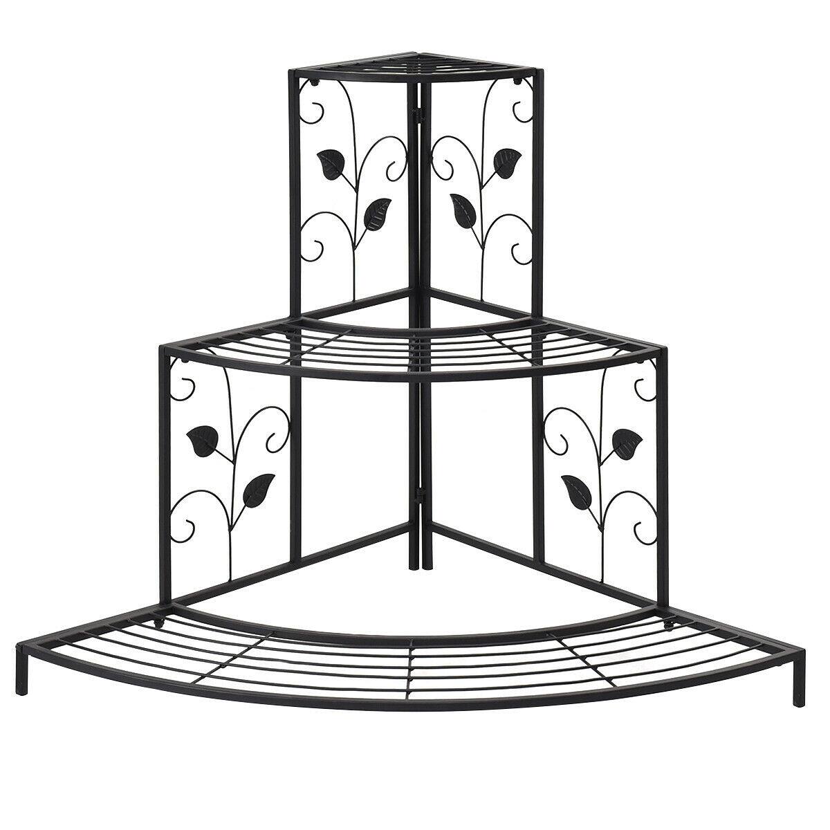 Costway - 3 Tier Floral Corner Plant Stand Metal Flower Pot Rack Stair Display Ladder - Black