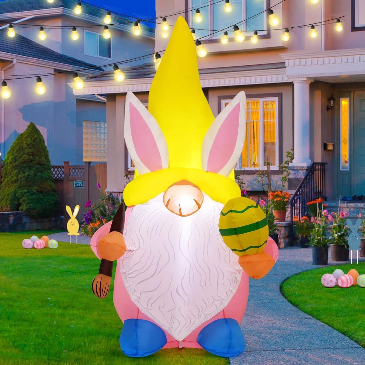 GOOSH Inflatables - GOOSH 5FT Easter Inflatable Cute Gnome Wearing Bunny Hat Holding Eggs and Paintbrush with LED Lights - Yellow