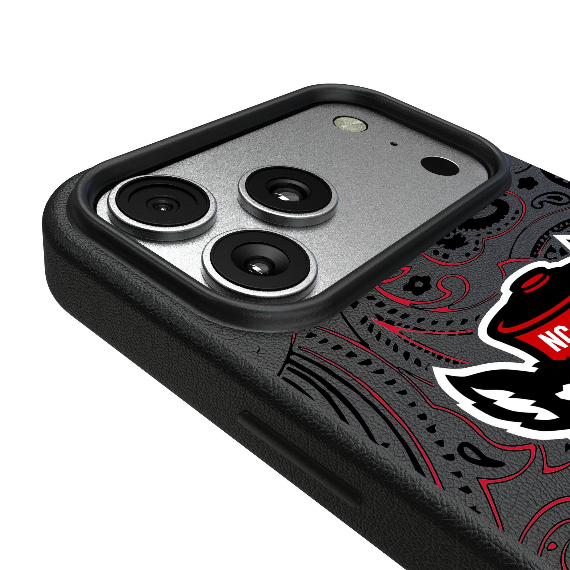 Alt View 2. Keyscaper - NC State Wolfpack Paisley iPhone Magnetic Bump Case - 15 Pro - Black.