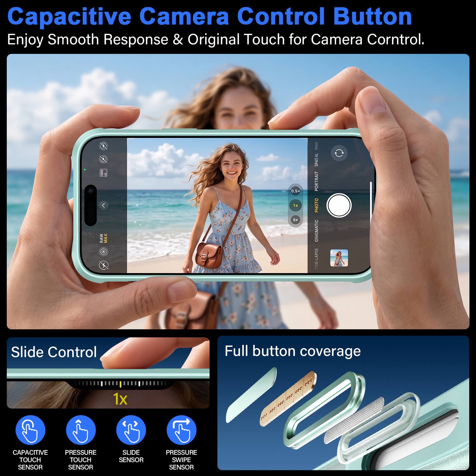 Capacitive Camera Control Button  
Enjoy Smooth Response & Original Touch for Camera Control.

RAW  
MAX  
0.5+ 1x 3x  
DAIRS SPATOL PORTRAIT PHOTO GINGMATIC DUE-LAPCE

Slide Control  
Full button coverage  
1x

CAPACITIVE PRESSURE TOUCH TOUCH SENSOR SENSOR  
SLIDE SENSOR  
PRESSURE SWIPE SENSOR