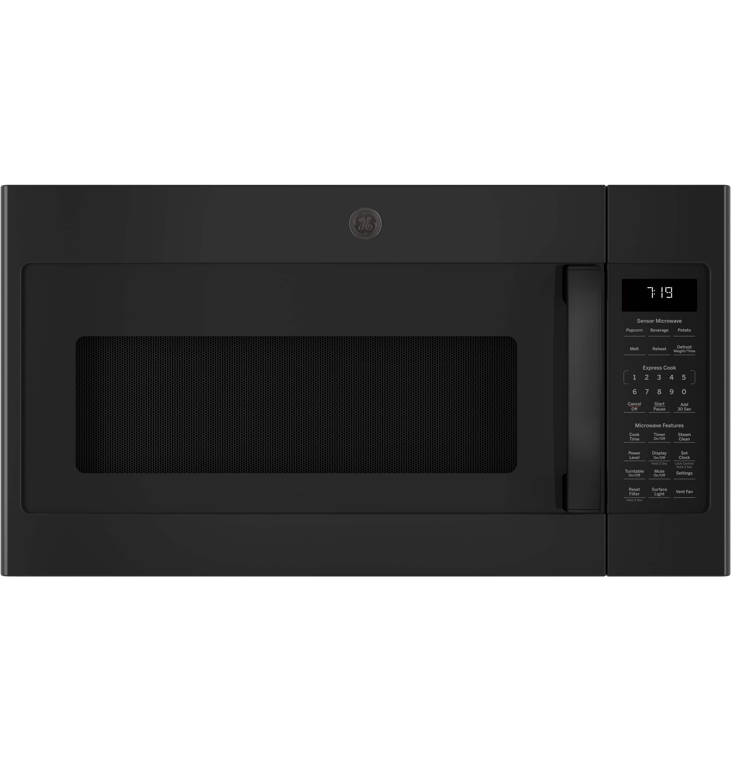 The image features a black microwave oven with a digital display. The display shows the time and temperature settings, which are set to 19 minutes and 19 seconds. The microwave is empty, and the door is open. The oven has a digital clock and a sensor that can detect the type of food being cooked. The microwave is made by the company Sensor Starwave.