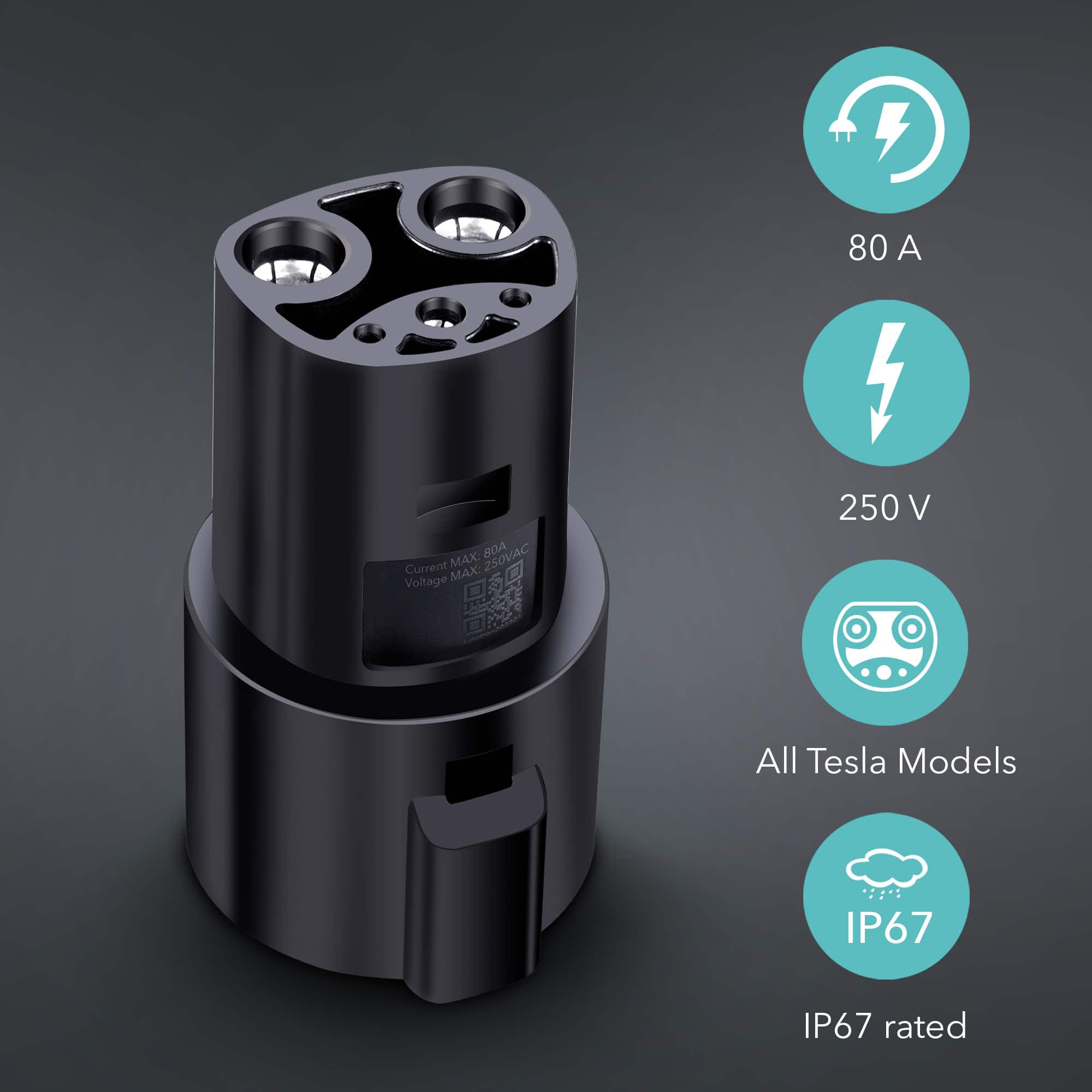 The image features a black device with a lightning bolt symbol on it, which is labeled "All Tesla Models." The device is described as having a voltage of 250VAC and a current maximum of 80A. Additionally, the device is rated IP67, indicating that it is waterproof and dust-resistant. The image also includes a cloud symbol, suggesting that the device may be used in various weather conditions.