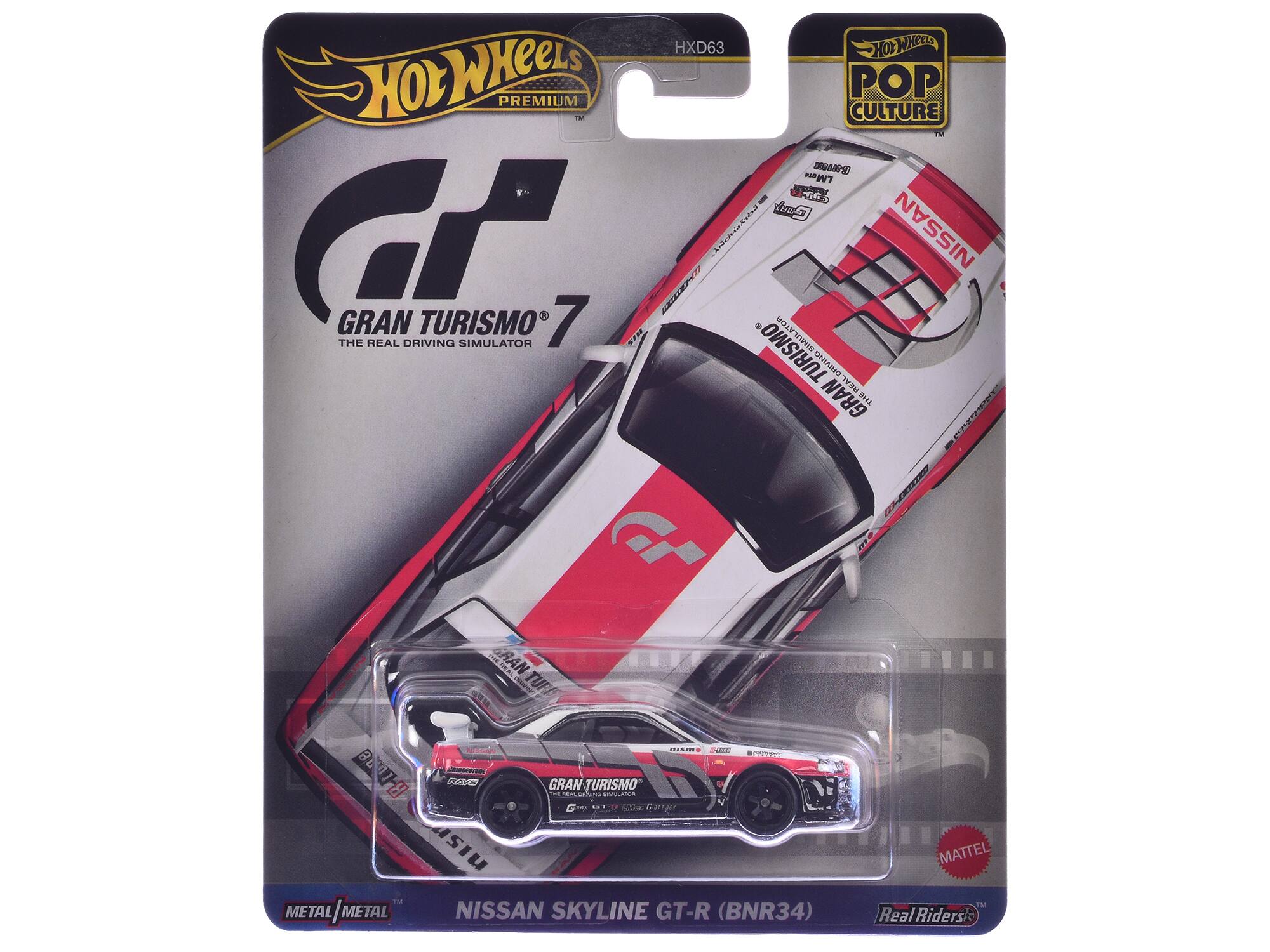 Hot Wheels Premium Pop Culture  
HXD63  
Gran Turismo 7  
The Real Driving Simulator  
Nissan Skyline GT-R (BNR34)  
Metal/Metal  
Mattel  
Real Riders
