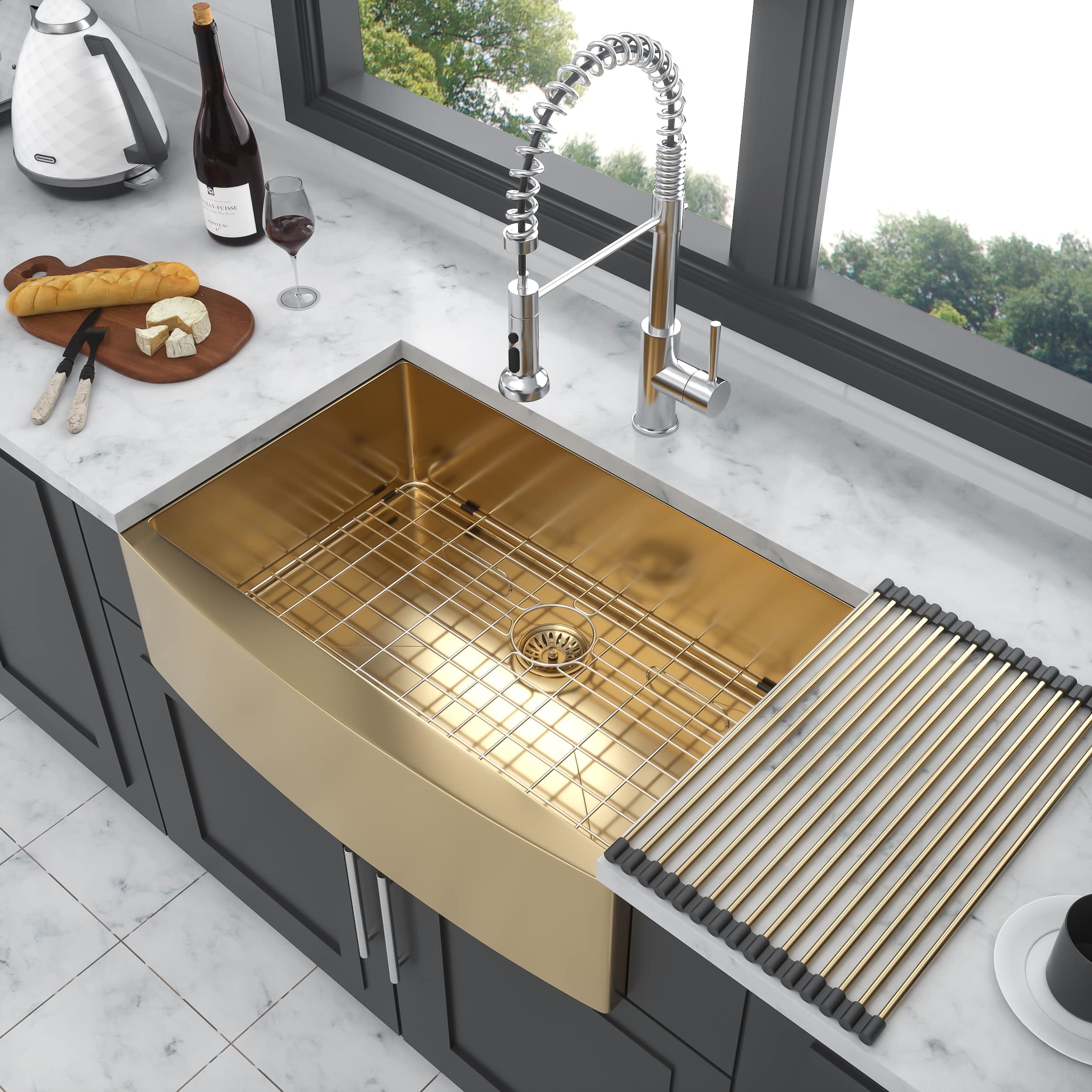 Siljoy - Farmhouse Sink - 36 Inch Kitchen Sink Stainless Steel 16 gauge Apron Front Kitchen Sink - Gold