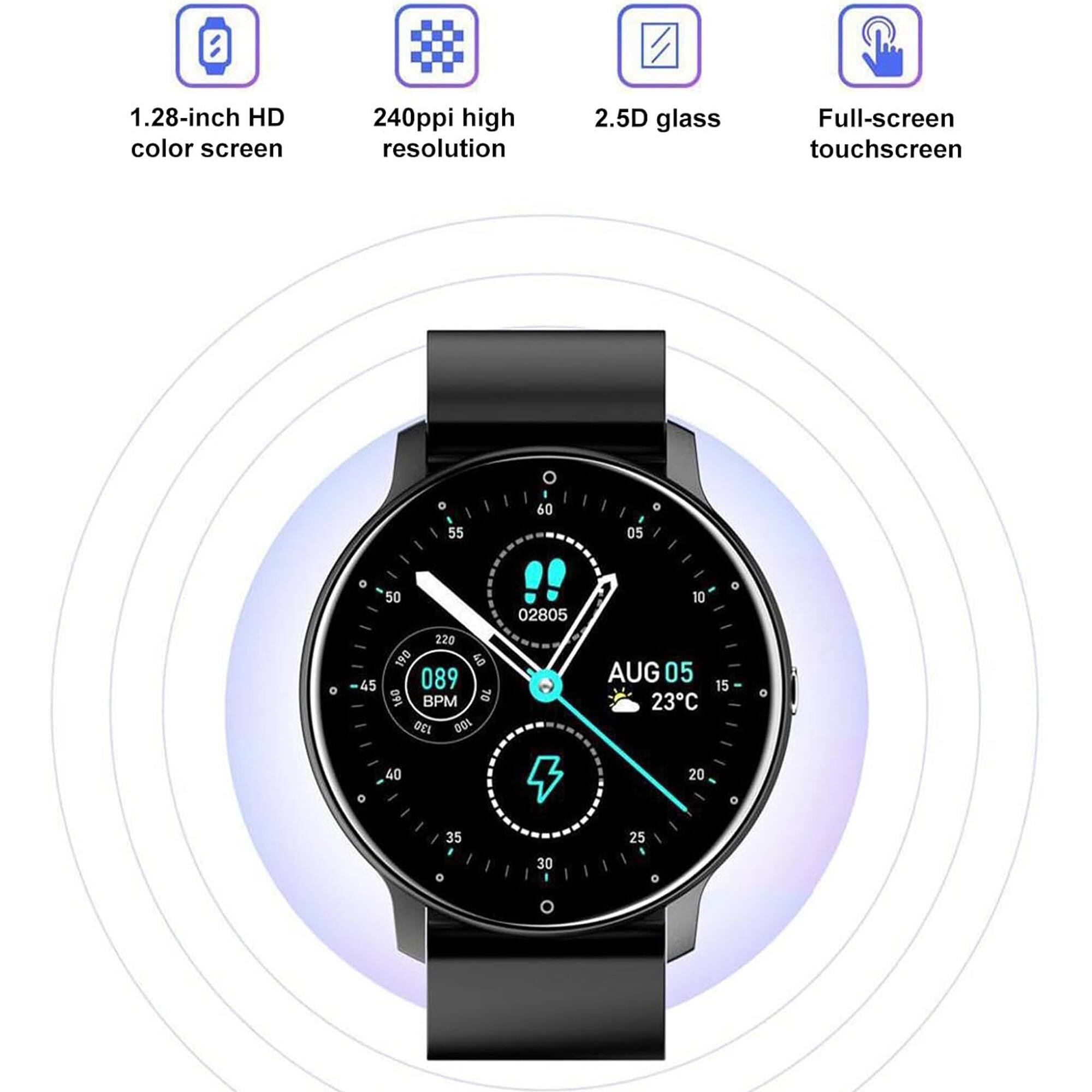 1.28-inch HD color screen  
240ppi high resolution  
2.5D glass  
Full-screen touchscreen