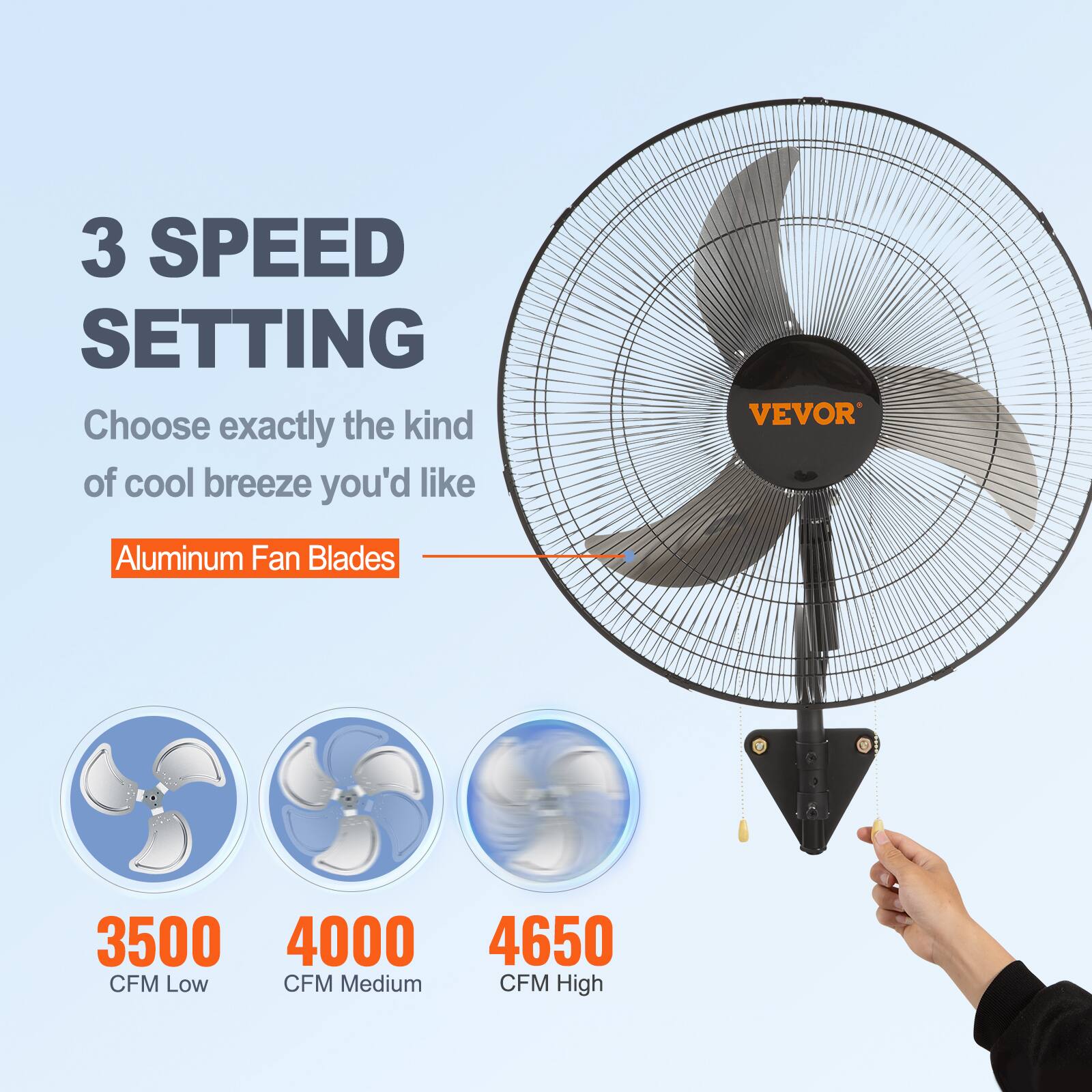 3 SPEED SETTING, Choose exactly the kind of cool breeze you'd like, VEVOR, Aluminum Fan Blades, 3500 CFM Low, 4000 CFM Medium, 4650 CFM High.