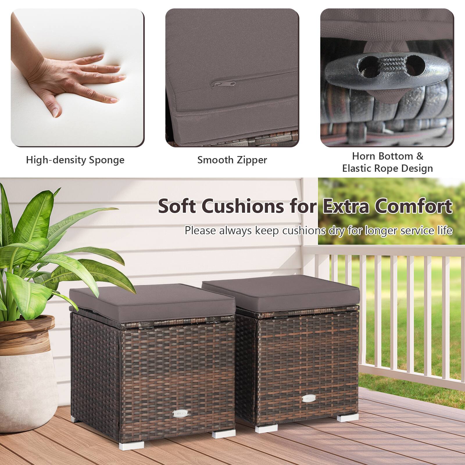 High-density Sponge, Smooth Zipper, Horn Bottom & Elastic Rope Design Soft Cushions for Extra Comfort. Please always keep cushions dry for longer service life.