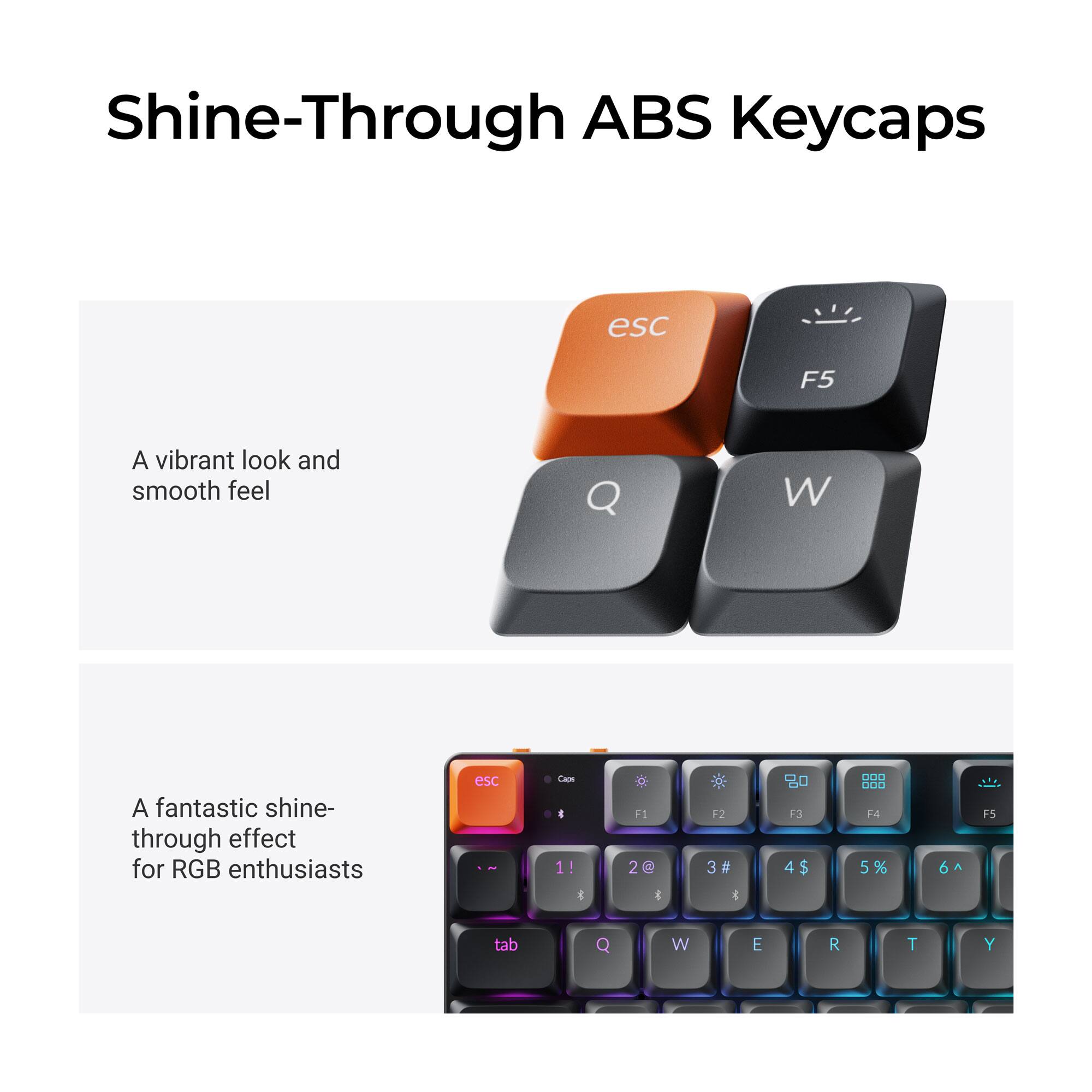 Shine-Through ABS Keycaps

A vibrant look and smooth feel

A fantastic shine-through effect for RGB enthusiasts

esc F5

Q W E R T Y

1! 2@ 3# 4$ 5% 6^

F1 F2 F3 F4 F5

tab