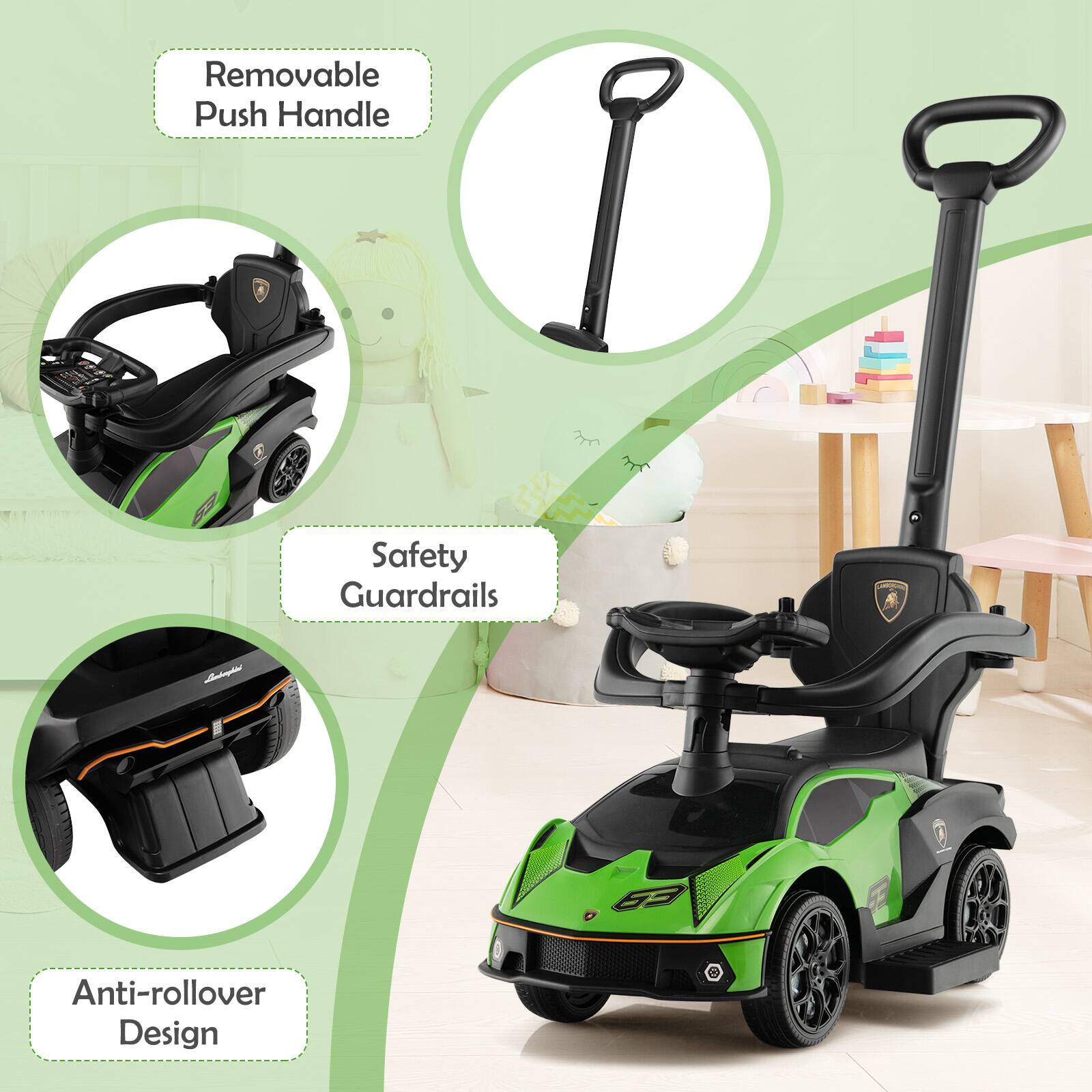 - Removable Push Handle
- Safety Guardrails
- Anti-rollover Design