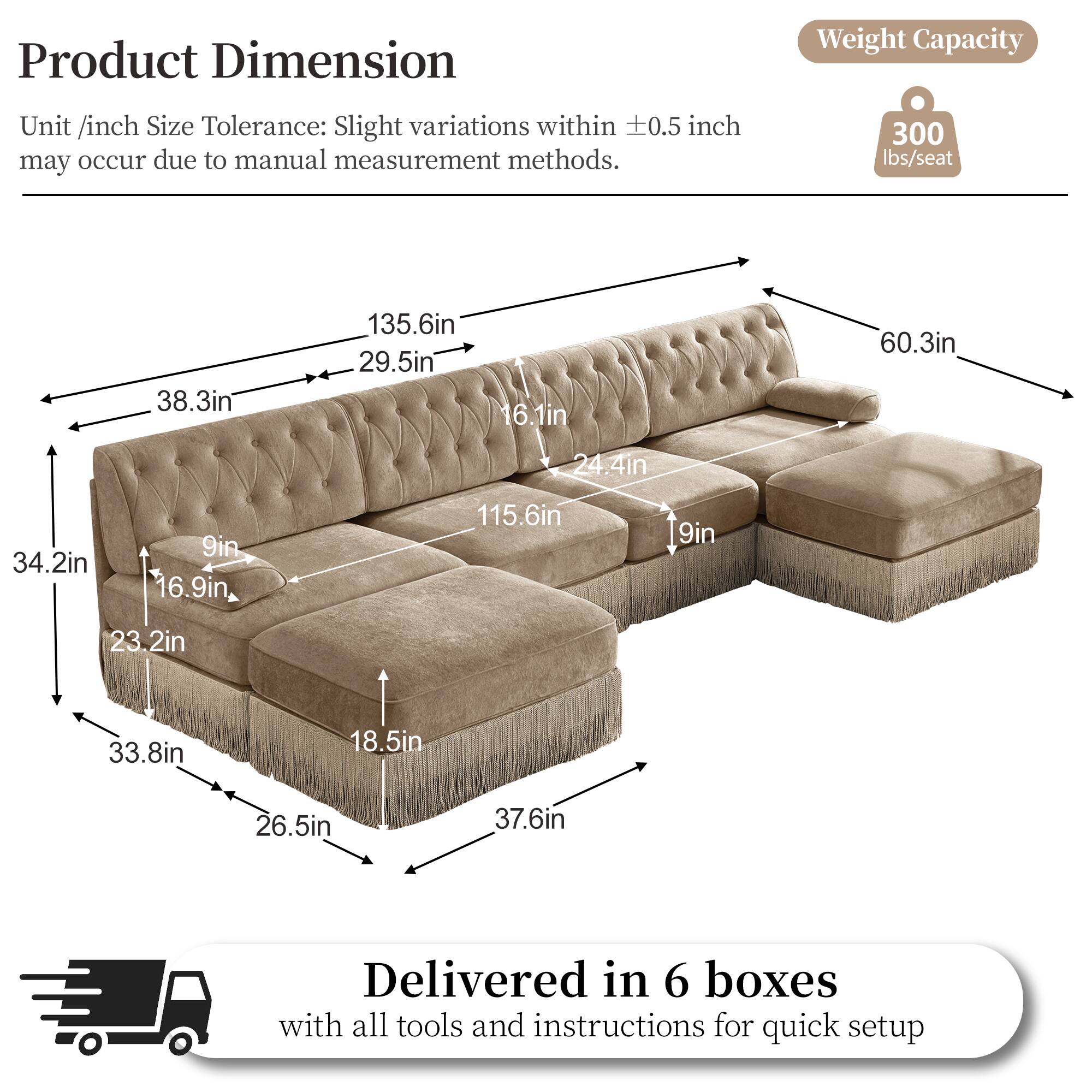 Product Dimension  
Weight Capacity  
Unit /inch Size Tolerance: Slight variations within 0.5 inch may occur due to manual measurement methods.  
300 lbs/seat  
38.3in  
135.6in  
29.5in  
16.1in  
60.3in  
24.4in  
34.2in  
9in  
16.9in  
115.6in  
9in  
23.2in  
33.8in  
18.5in  
26.5in  
37.6in  
Delivered in 6 boxes with all tools and instructions for quick setup