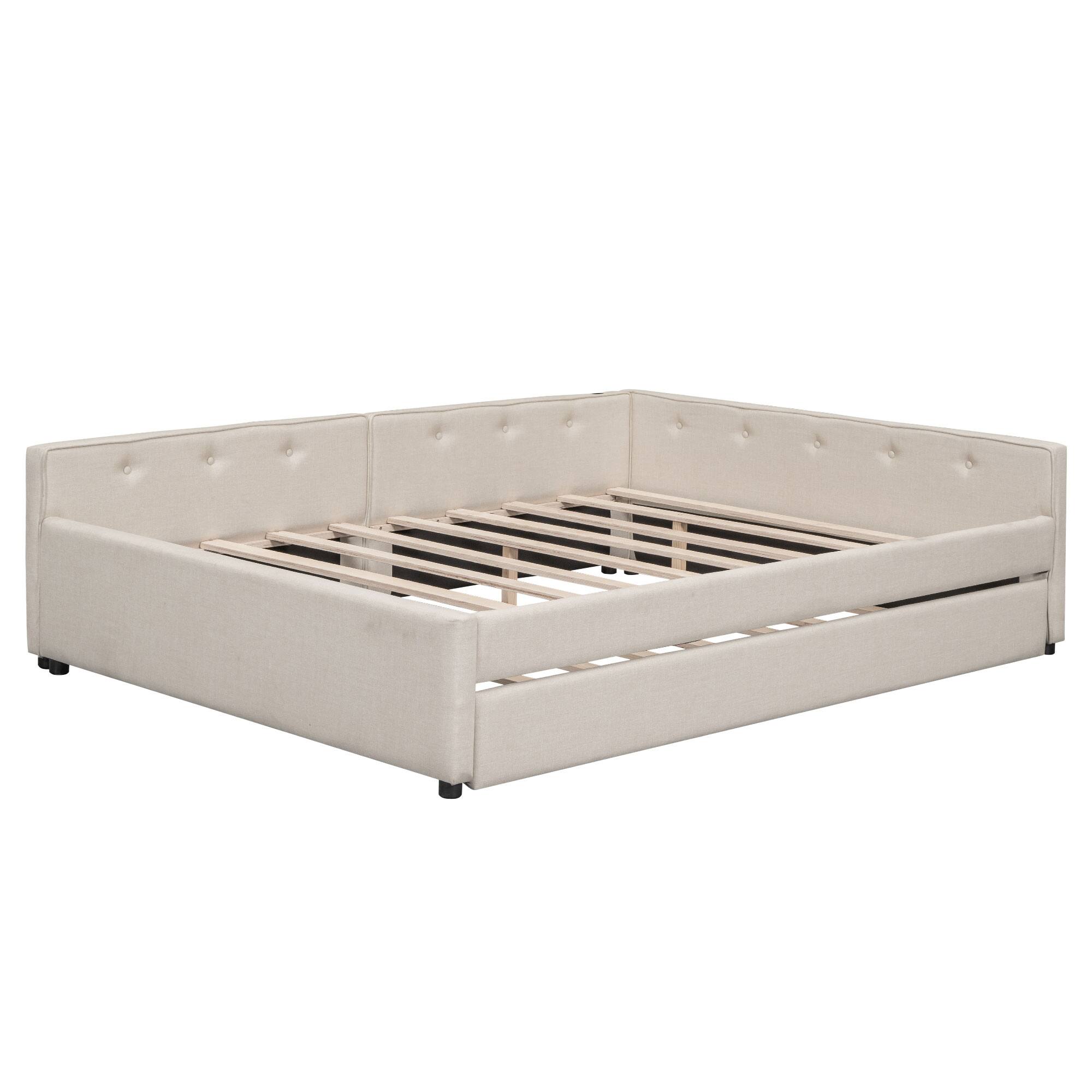 Back. LUCKY ONE - Queen Size Upholstered Platform Bed with USB and Twin Size Trundle - Beige.