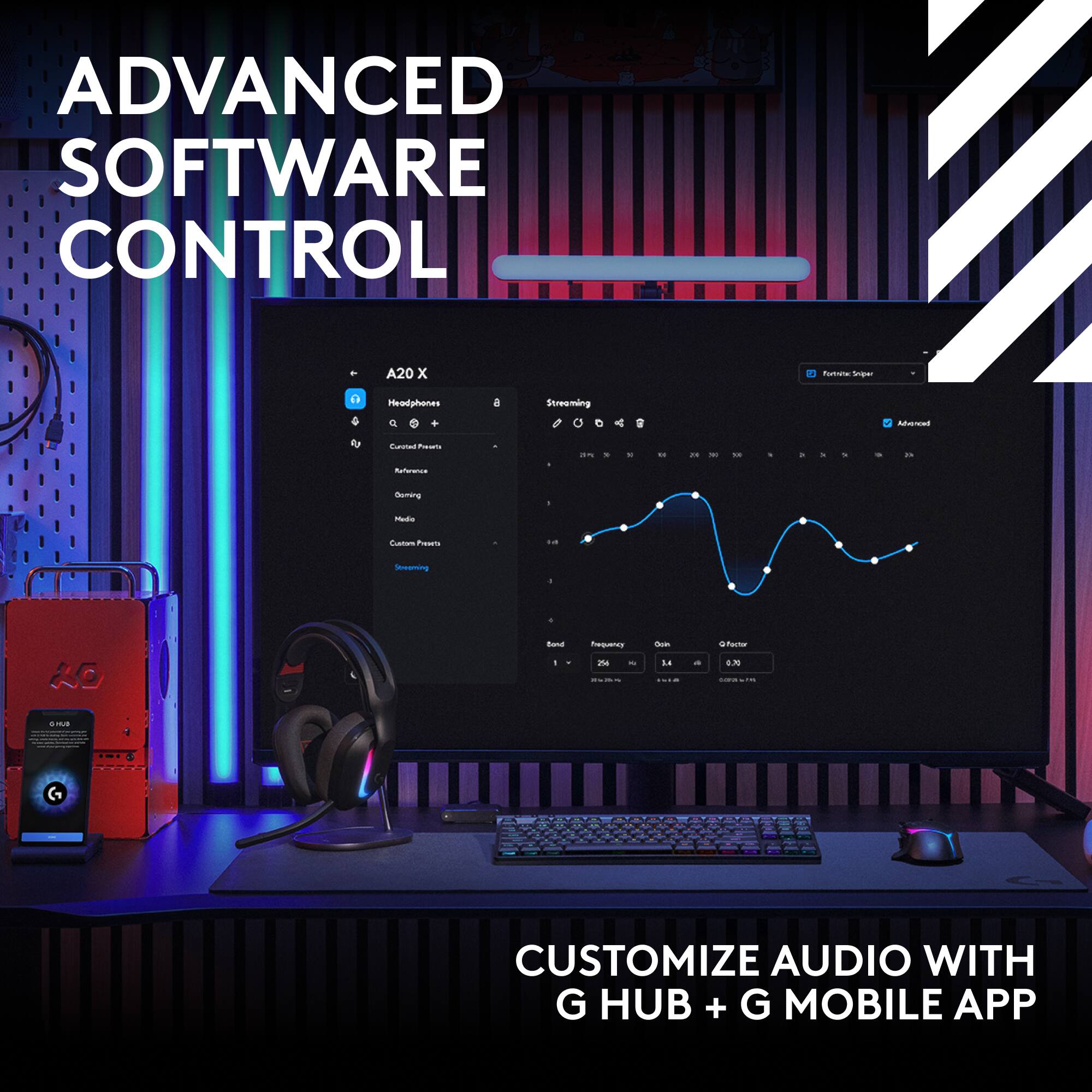 ADVANCED SOFTWARE CONTROL

A20 x - Headphones

Streaming

Customize Audio with G HUB + G MOBILE APP