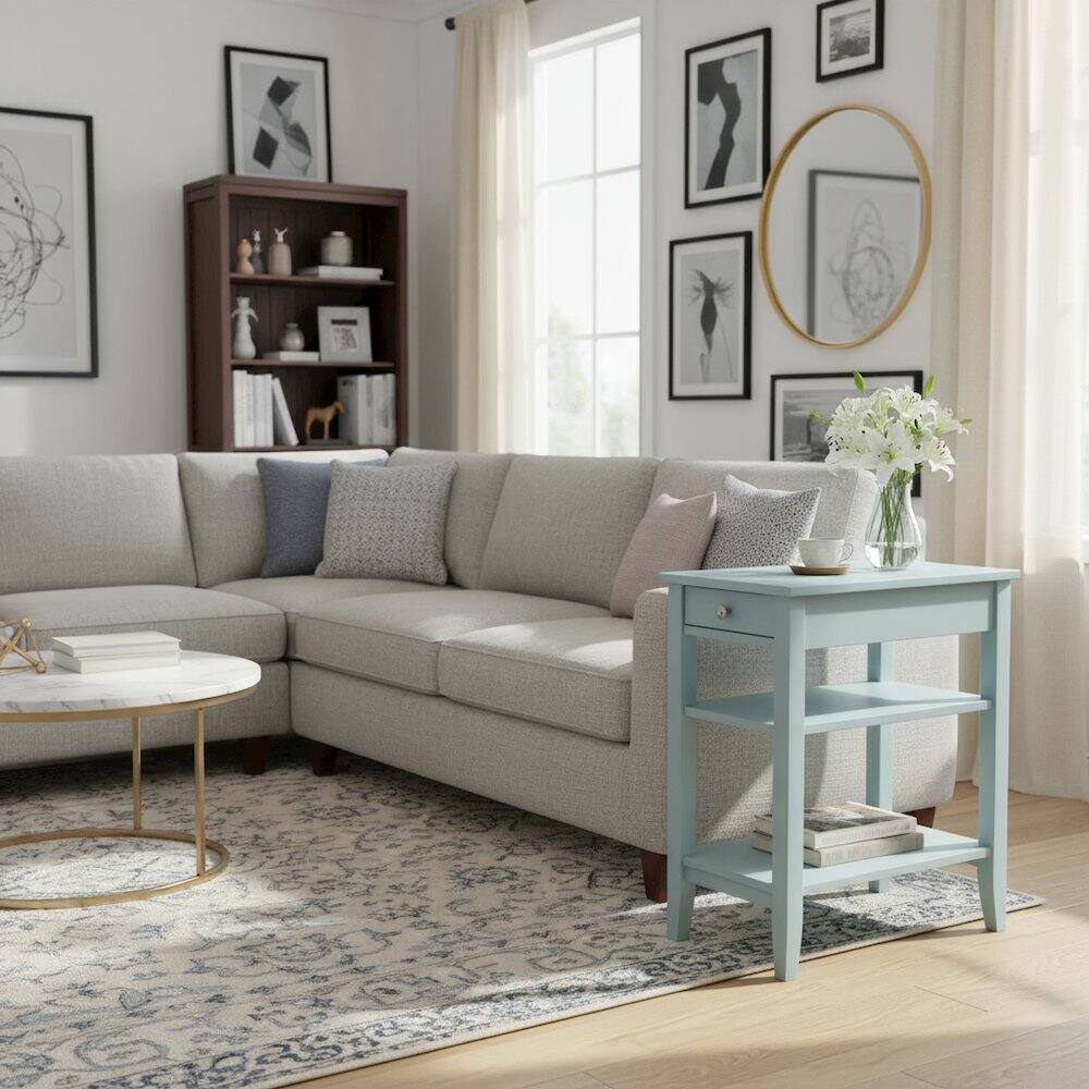 Alt View 1. FurniFact - Chairside End Table with Drawer - Sea Foam Blue.