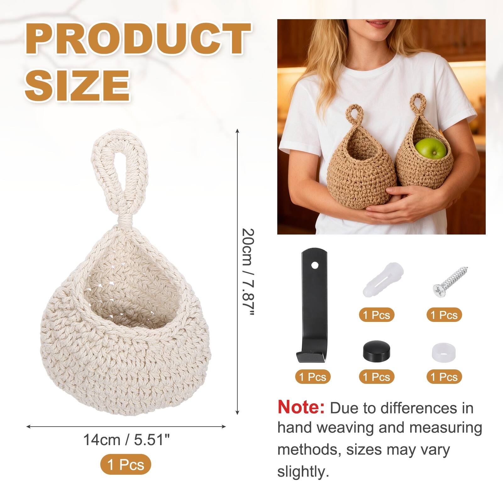 PRODUCT SIZE

20cm / 7.87" 1 Pcs

14cm / 5.51" 1 Pcs

Note: Due to differences in hand weaving and measuring methods, sizes may vary slightly.