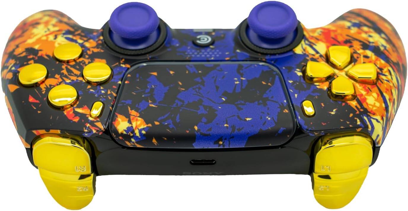 Back. Custom Controllerzz - Custom Wireless Controller for PS5 - Inferno Galaxy & Gold Chrome Inserts.