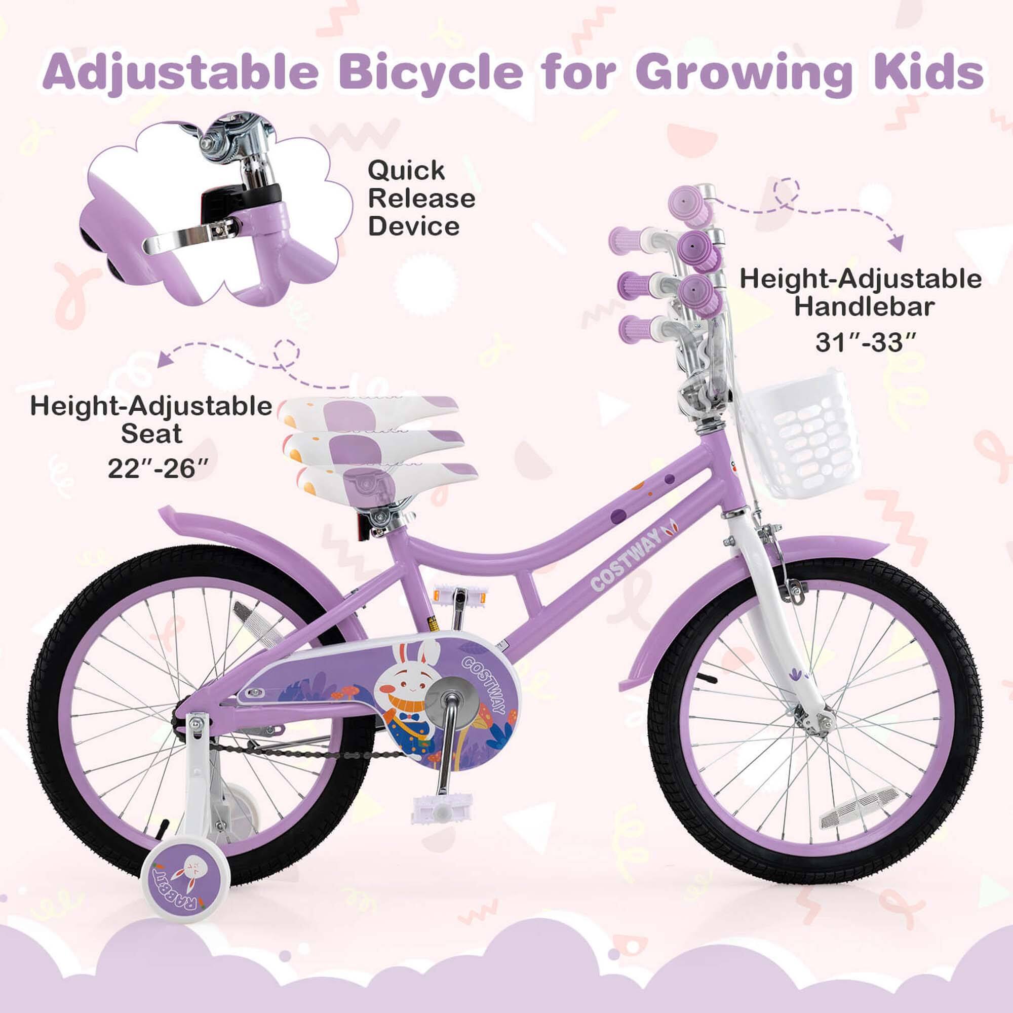 Adjustable Bicycle for Growing Kids

Quick Release Device

Height-Adjustable Handlebar 31"-33"

Height-Adjustable Seat 22"-26"

COSTWAY