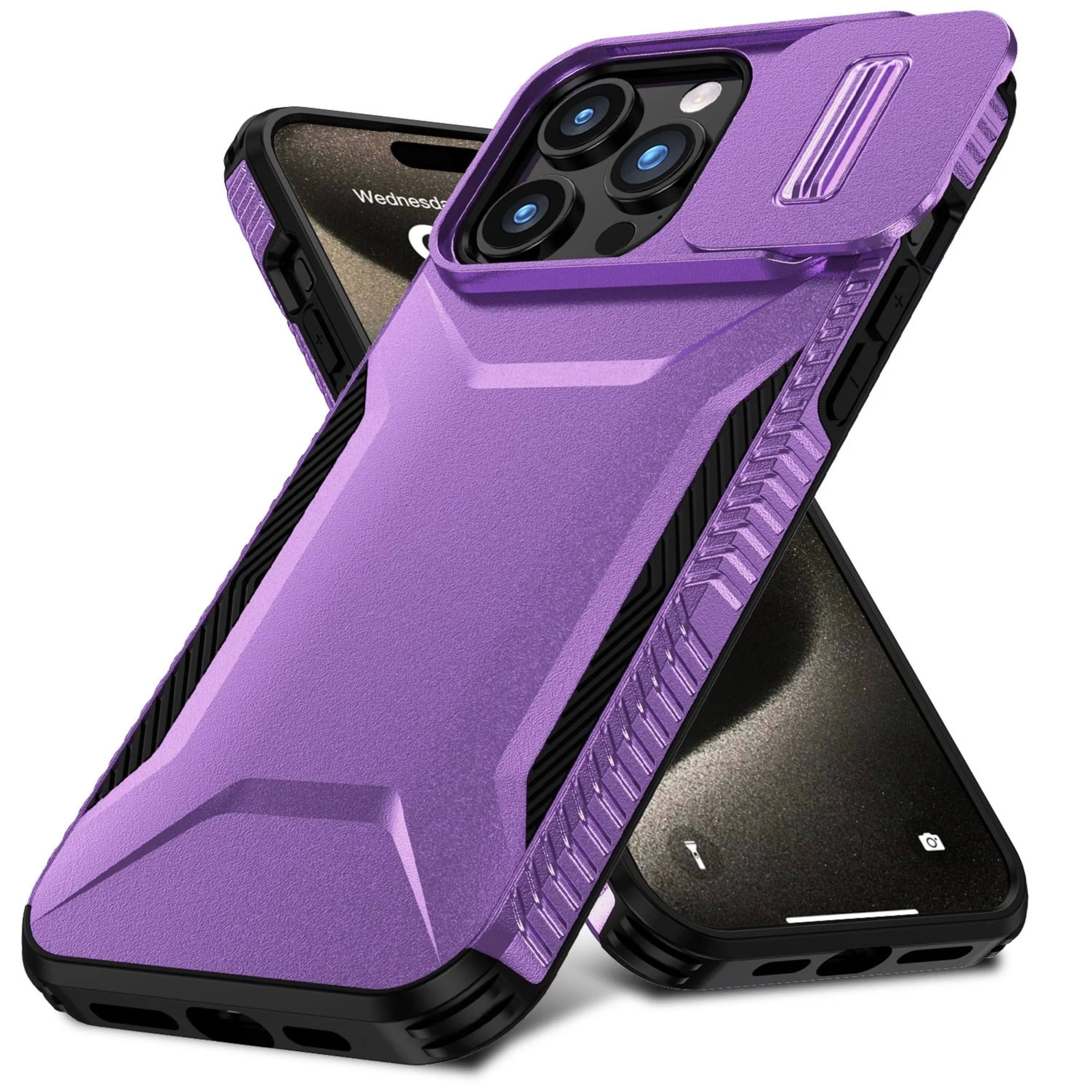 Angle. Kitcheniva - Rugged Sliding Lens Cover Case With Tempered Glass For iPhone 15 Pro Max Purple - Purple.