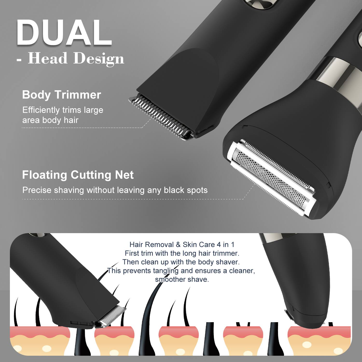 DUAL - Head Design

Body Trimmer
Efficiently trims large area body hair

Floating Cutting Net
Precise shaving without leaving any black spots

Hair Removal & Skin Care 4 in 1
First trim with the long hair trimmer. Then clean up with the body shaver. This prevents tangling and ensures a cleaner, smoother shave.