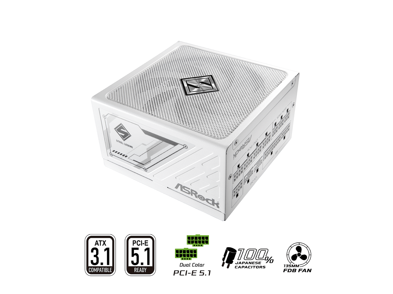 ASRock ATX 3.1 Compatible  
PCI-E 5.1 Ready  
Dual Color PCI-E 5.1  
100% Japanese Capacitors  
135MM FDB Fan