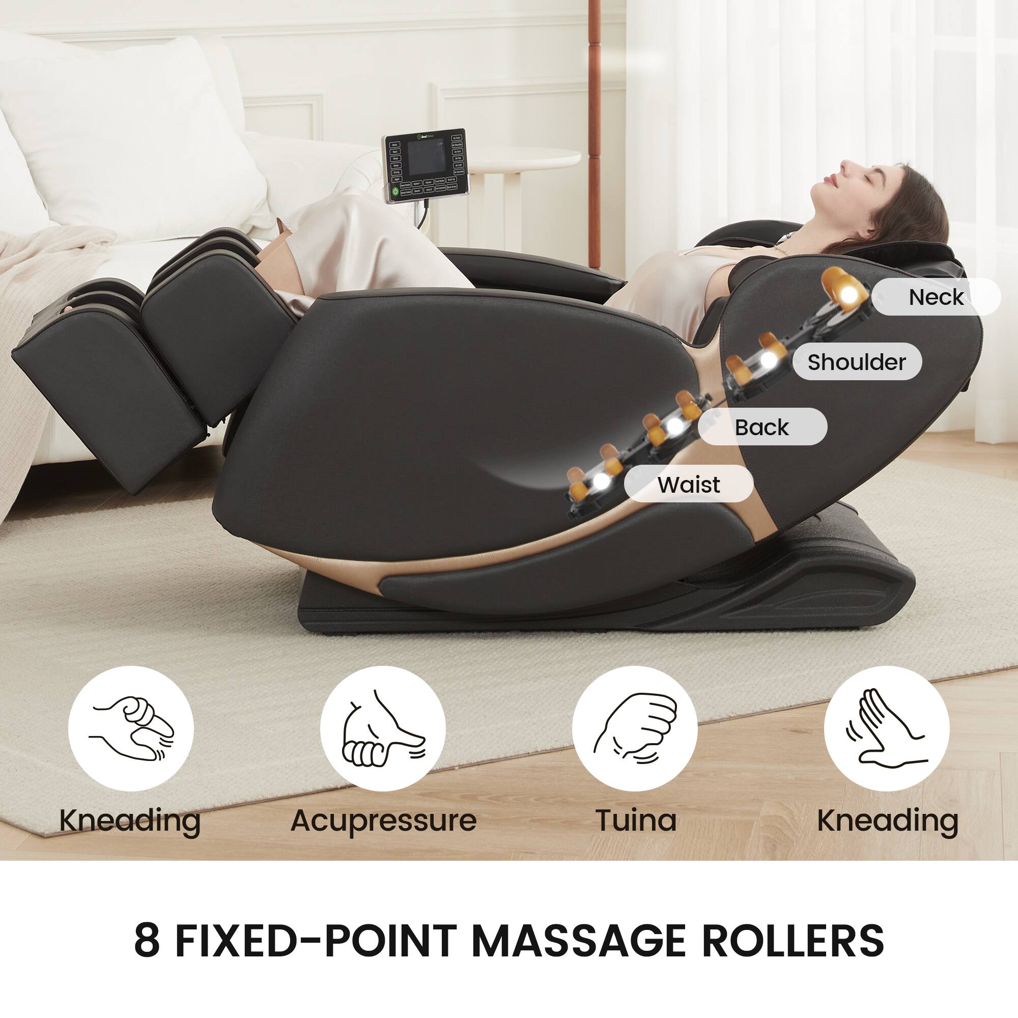 Neck Shoulder Back Waist  
Kneading Acupressure Tuina Kneading  
8 FIXED-POINT MASSAGE ROLLERS