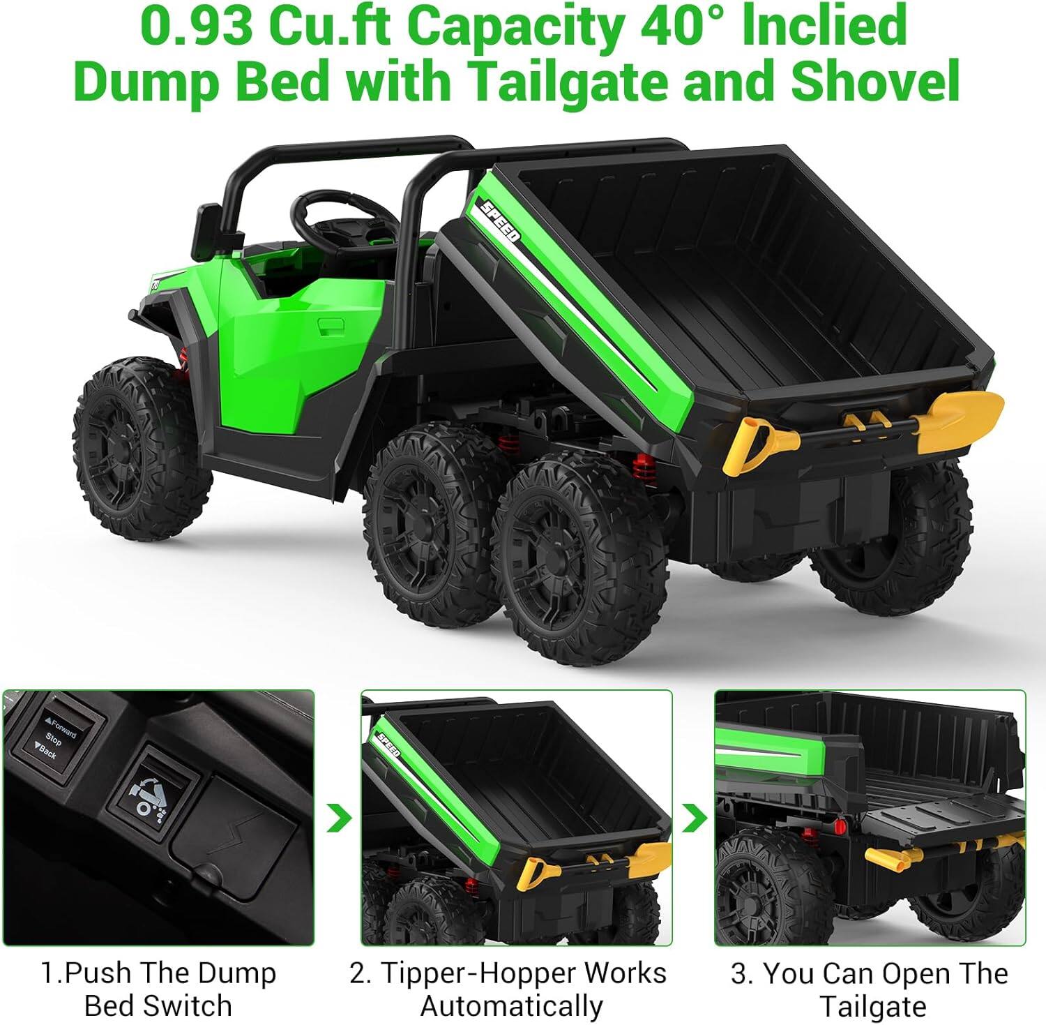 0.93 Cu.ft Capacity 40° Inclined Dump Bed with Tailgate and Shovel

1. Push The Dump Bed Switch
2. Tipper-Hopper Works Automatically
3. You Can Open The Tailgate