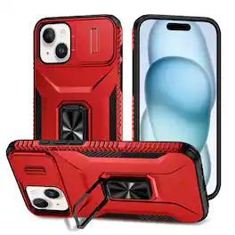 Kitcheniva - Full Coverage Metal Stand Lens Cover Phone Case With 2 Pcs Tempered Glass For iPhone 15 - Red