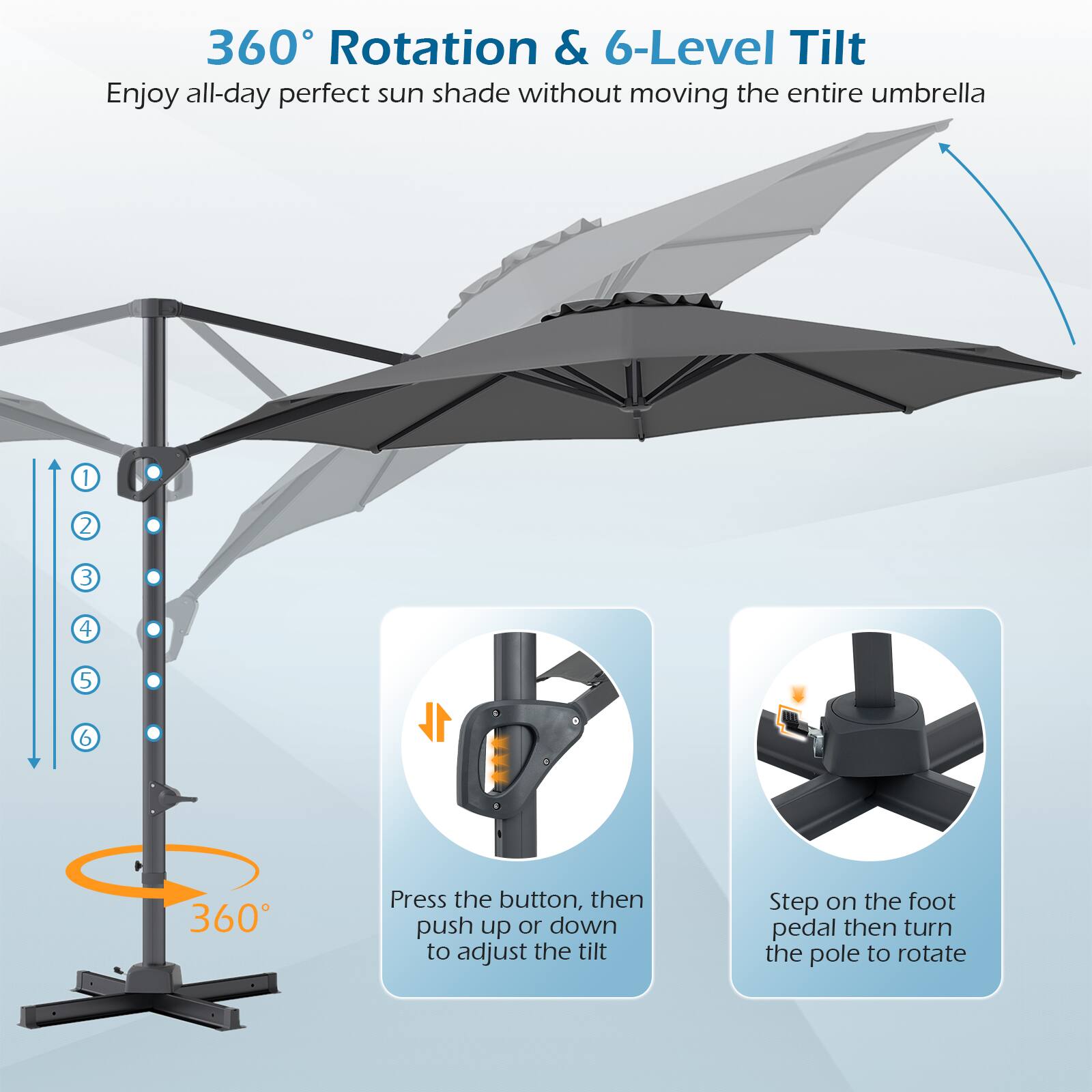 360° Rotation & 6-Level Tilt  
Enjoy all-day perfect sun shade without moving the entire umbrella  

1. Press the button, then push up or down to adjust the tilt  
2. Step on the foot pedal then turn the pole to rotate