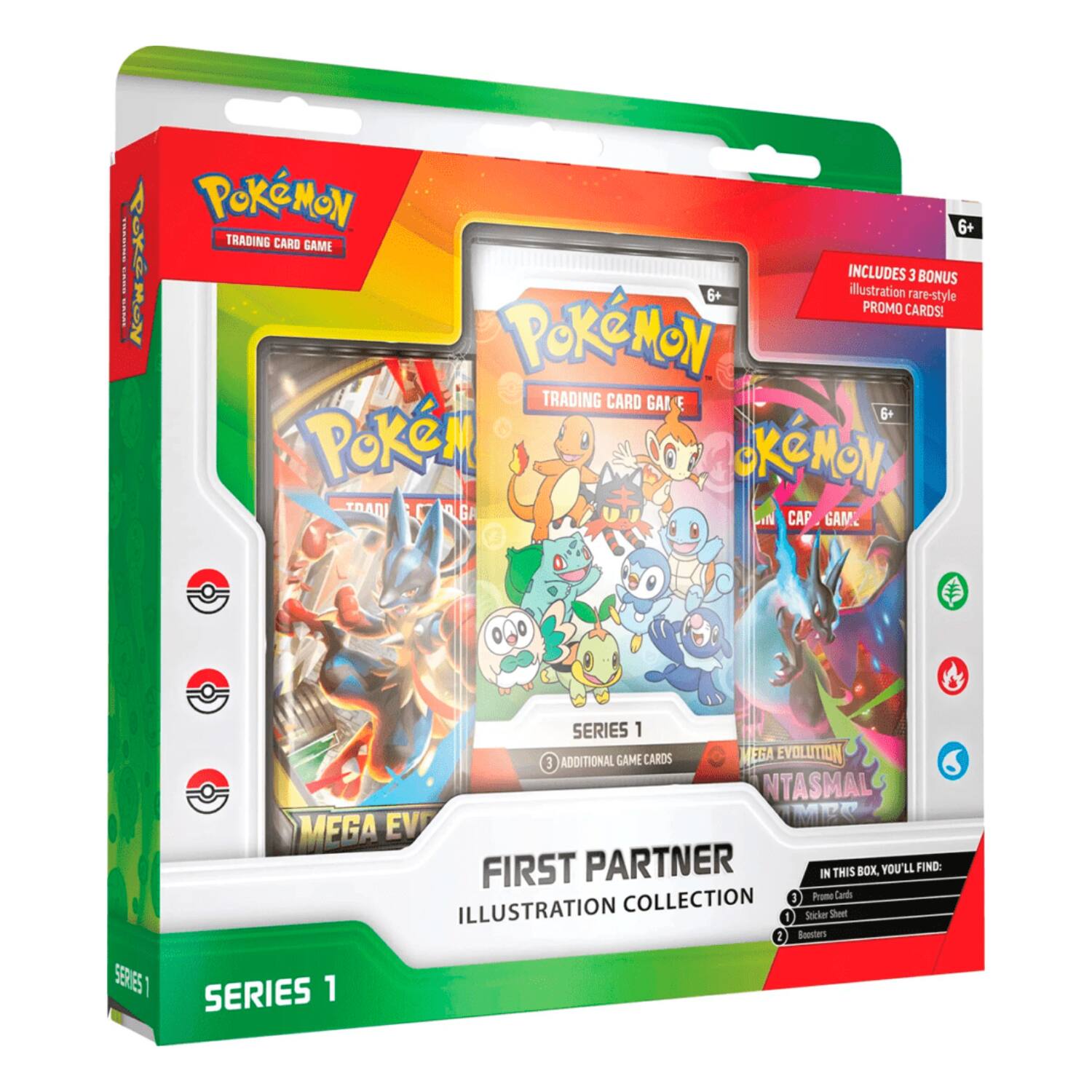 Pokémon 6+ | Trading Card Game  
Includes 3 Bonus Illustration Rare-Style Promo Cards  
3 Bonus Trading Card Game 5+  
Pokémon Trading Card Game  
Series 1  
First Partner Illustration Collection  
In This Box, You'll Find:  
3 Promo Cards  
1 Sticker Sheet  
2 Boosters  
3 Additional Game Cards  
Mega Evolution  
Mega Evolution