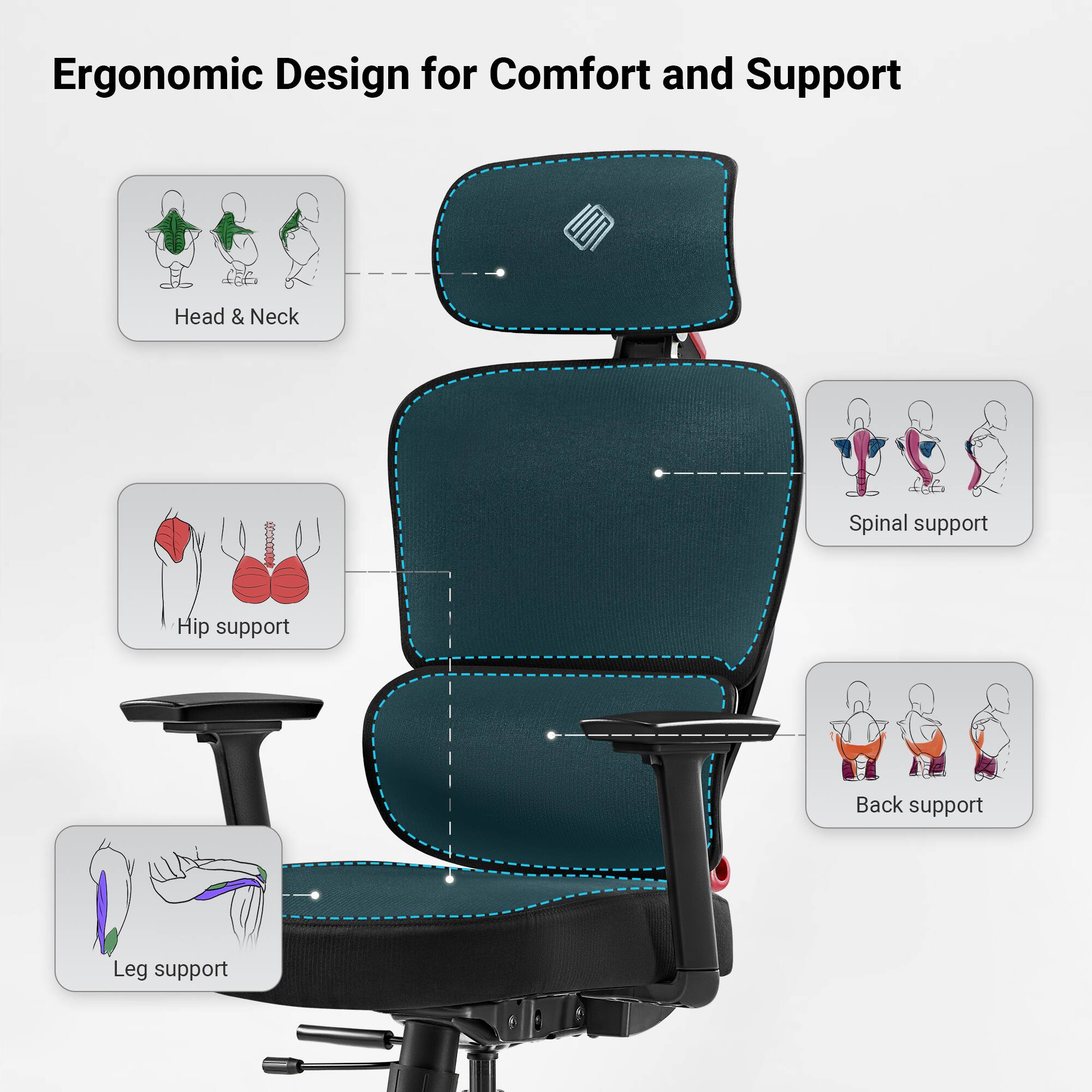 Ergonomic Design for Comfort and Support

- Head & Neck
- Spinal support
- Hip support
- Back support
- Leg support