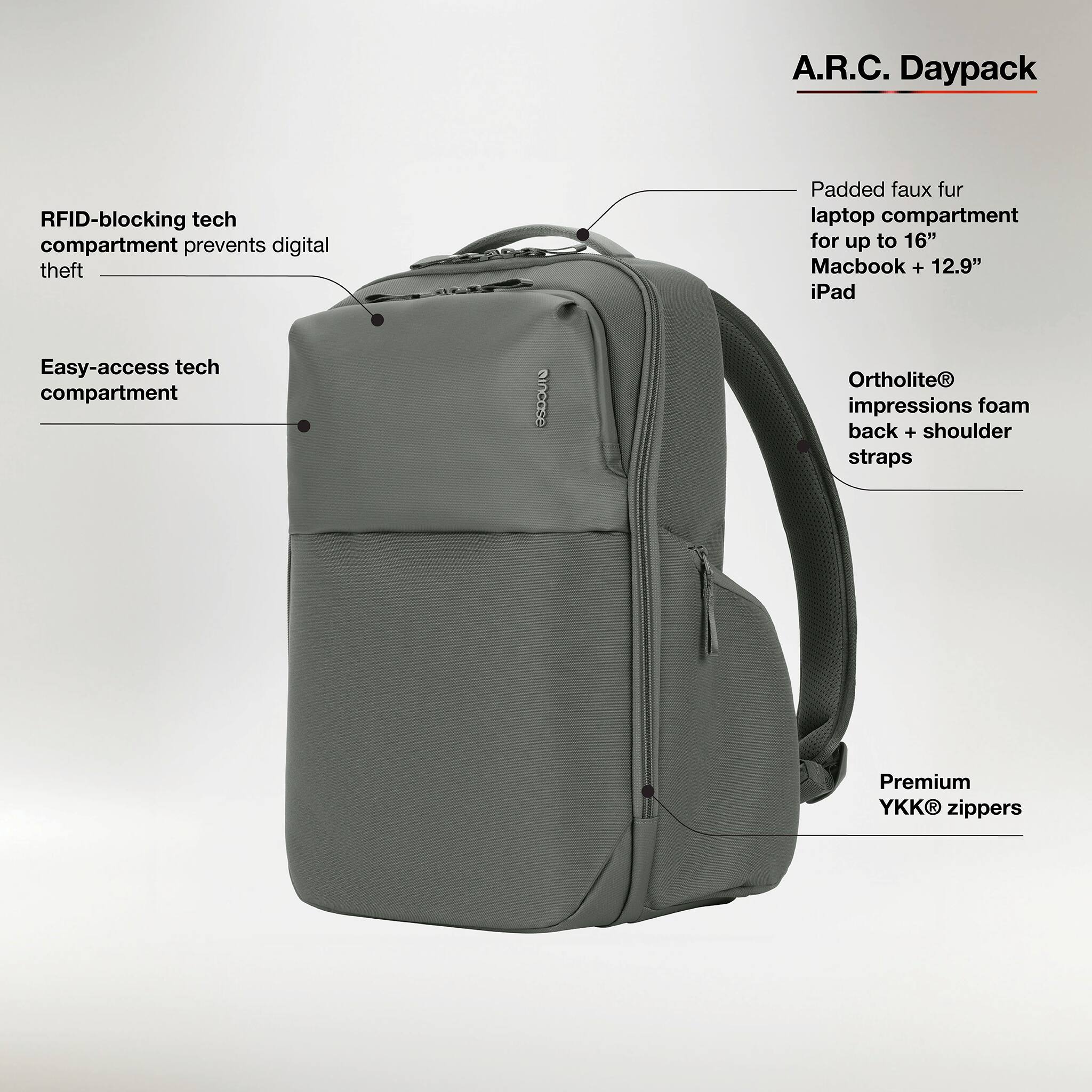 A.R.C. Daypack

- RFID-blocking tech compartment prevents digital theft
- Padded faux fur laptop compartment for up to 16" Macbook + 12.9" iPad
- Easy-access tech compartment
- Ortholite impressions foam back + shoulder straps
- Premium YKK zippers