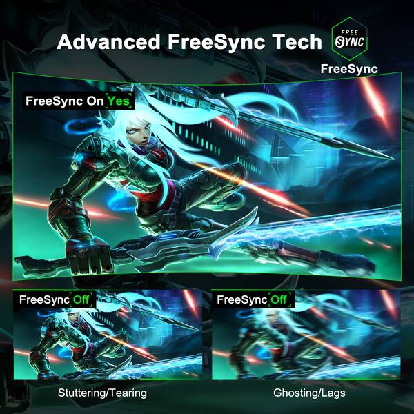 Advanced FreeSync Tech

FreeSync On: Yes

FreeSync Off: Stuttering/Tearing

FreeSync Off: Ghosting/Lags