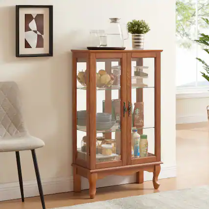 Front. LUCKY ONE - Freestanding Curio Cabinet with Tempered Glass Doors Mirrored Back Adjustable Shelves Light for Office - Oak.