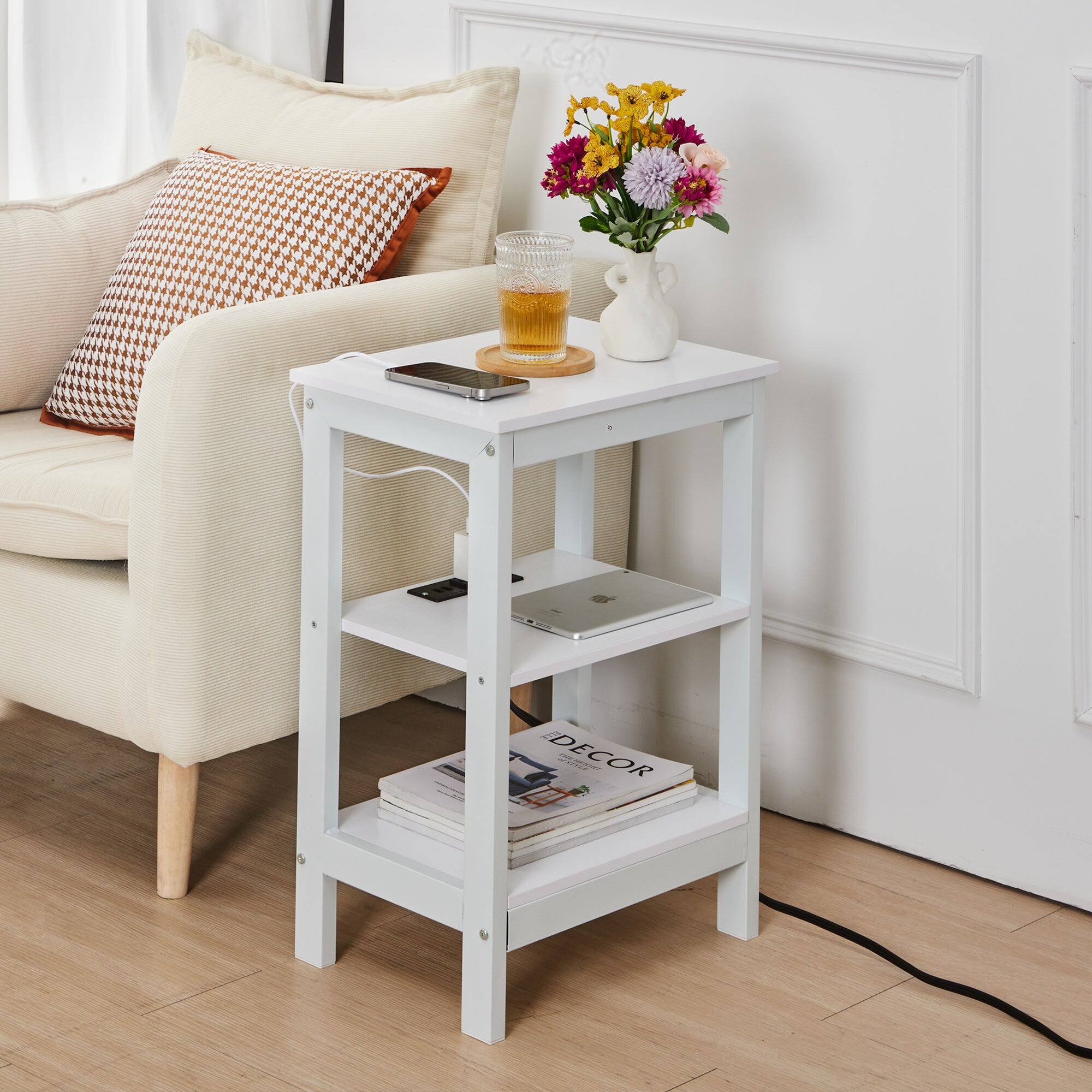 Alt View 1. Vecelo - 3-Tier End Table with Charging Station, USB Ports & AC Outlets, Small Side Table with Storage for Bedroom or Living Room - White.