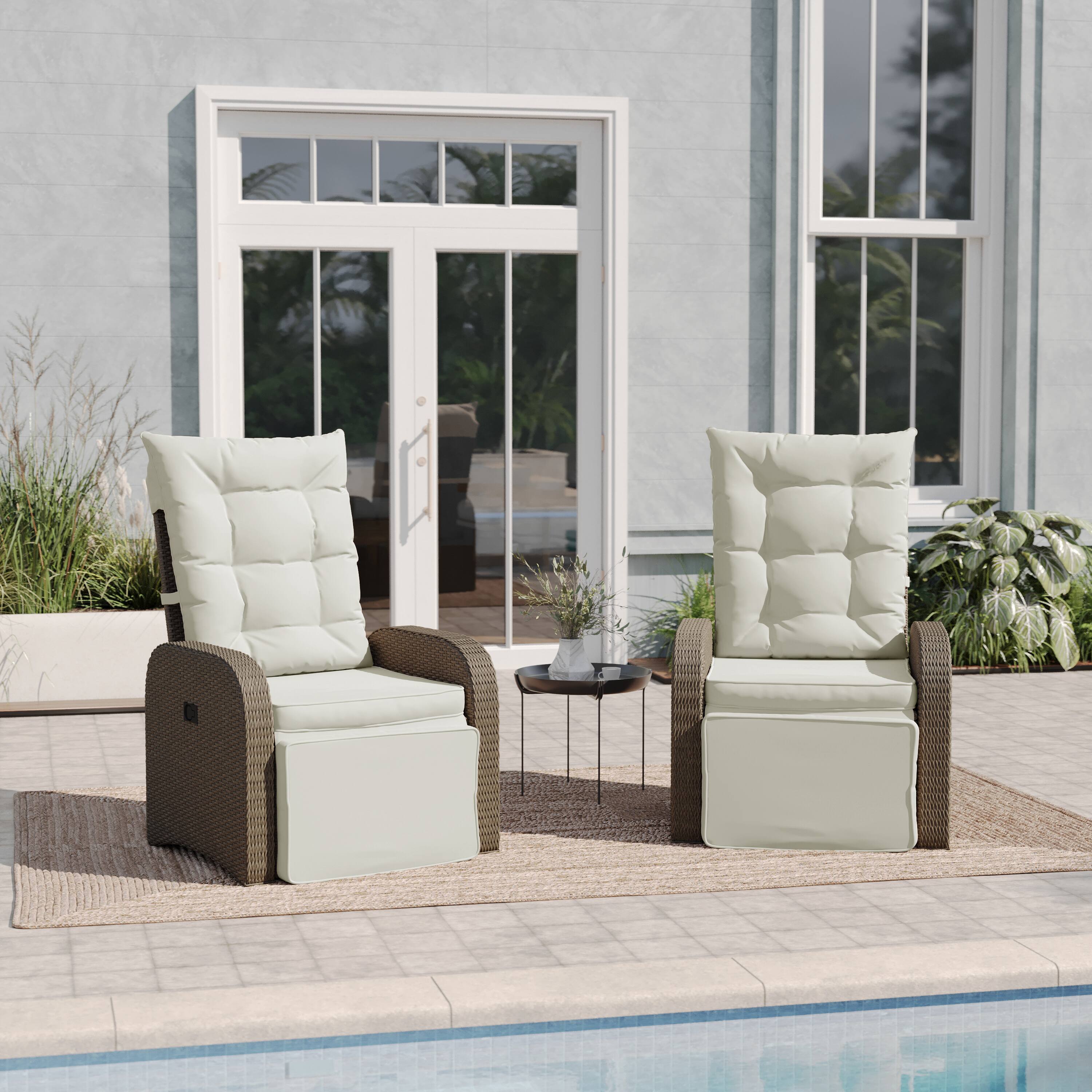 Alt View 2. Emma + Oliver - Aritzo Set of 2 Wicker Rattan Patio Recliner Lounge Chairs with Side Flip-Up Tables for Indoor/Outdoor Use - Beige Cushions/Brown Frame.