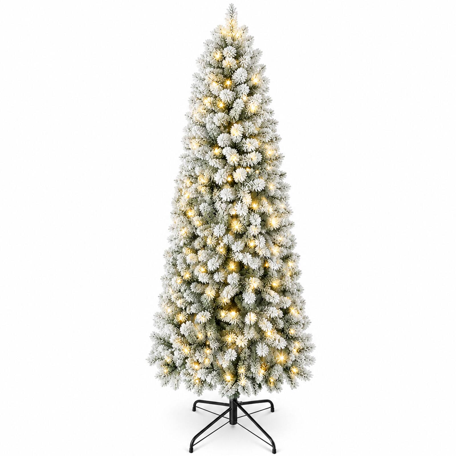 Front. Sweetcrispy - Pre-lit Flocked Slim Artificial Christmas Tree with Warm White LED Lights - White.