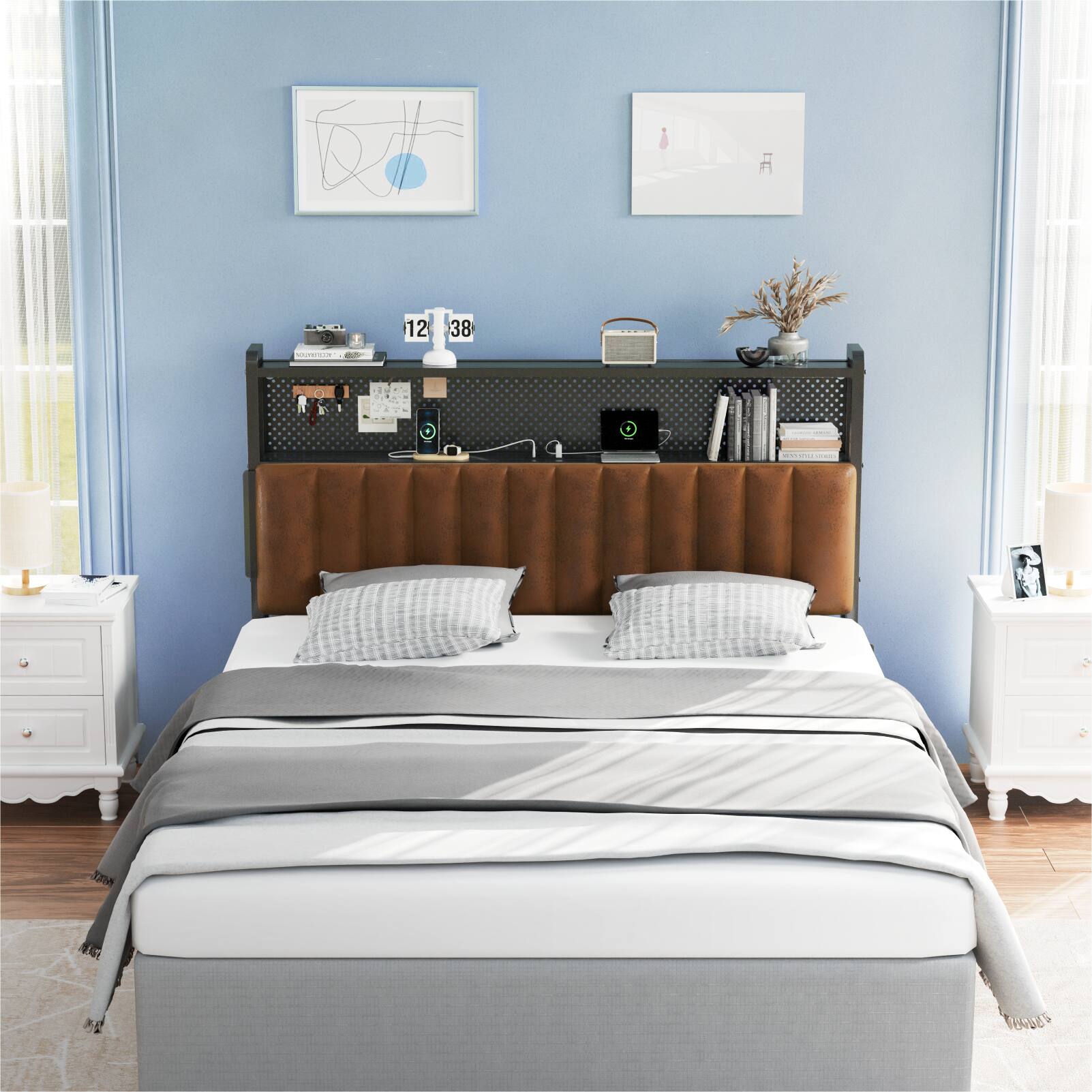 Alt View 9. Winado - Queen Size Adjustable Upholstered Headboard Only with 2 Tier Shelves and Pegboard with Charging Stations and LED Lights - Pu & Industrial Brown.