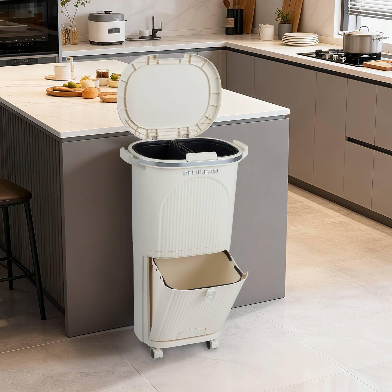 Alt View 1. Costway - Costway 10 Gallon Kitchen Trash Can with Lid, 2 Removable Buckets, Step Pedal & Wheels - Beige.