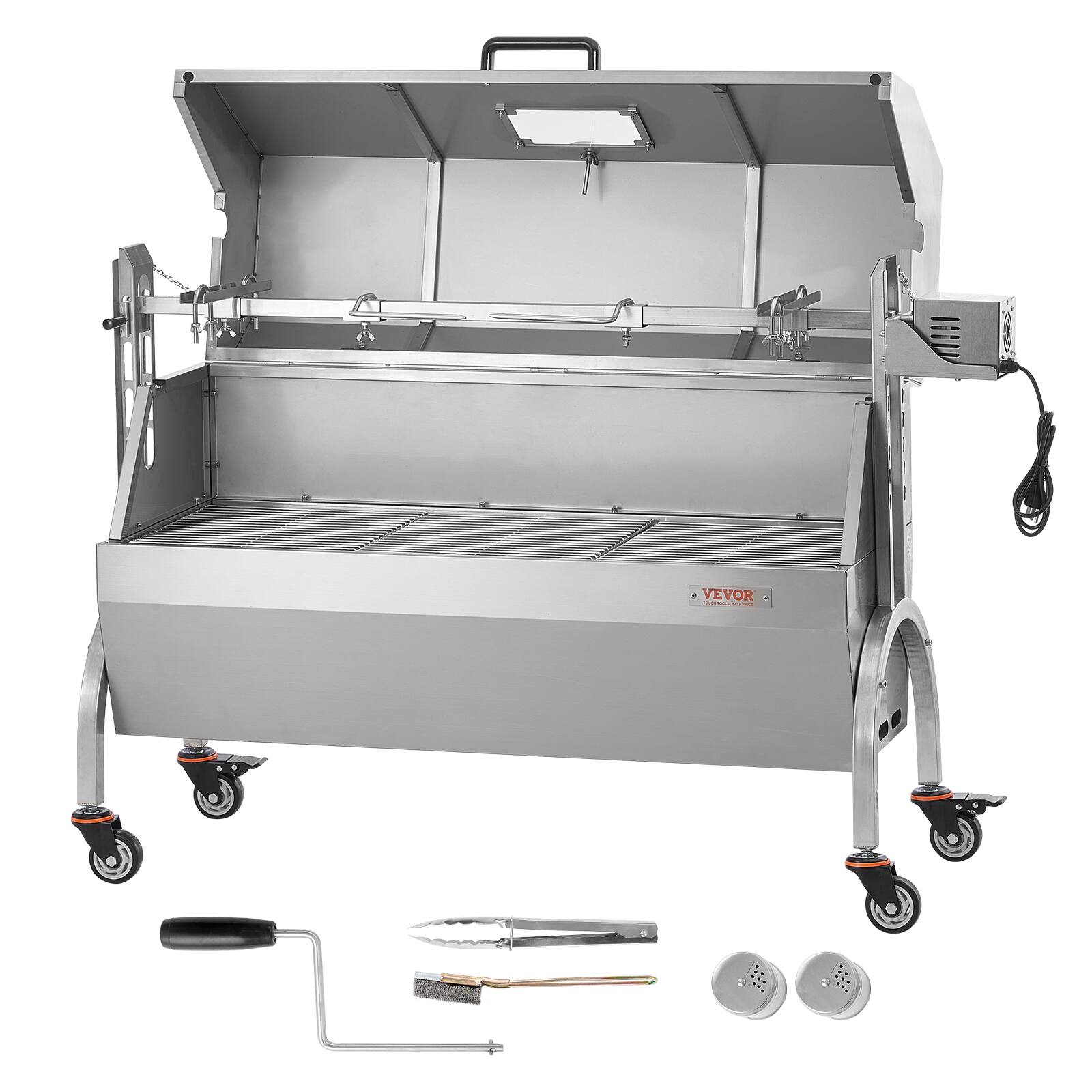Alt View 5. VEVOR - Rotisserie Grill with Hooded Cover, BBQ Whole Pig Lamb Goat Charcoal Spit Grill, 46 Inch 132Lbs Capacity - Silver.