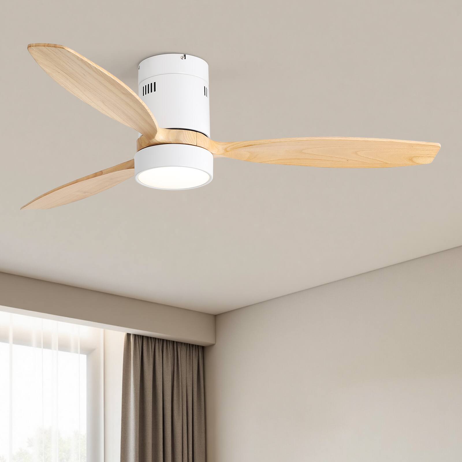 Alt View 4. Sofucor - 52'' Wood Low Profile Ceiling Fan with Integrated LED Light and Remote & APP Control Quiet Smart Ceiling Fan for Bedroom - White Burley Wood.